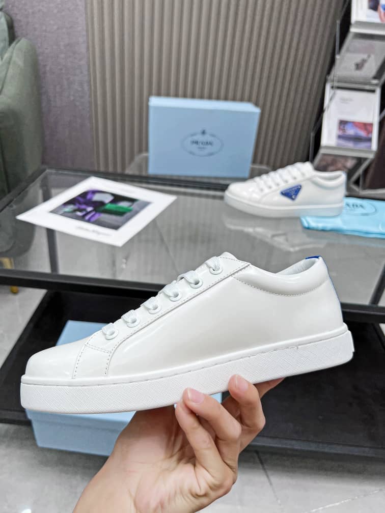 Prada Brushed Sneakers Leather White White Cobalt Blue - vstockx