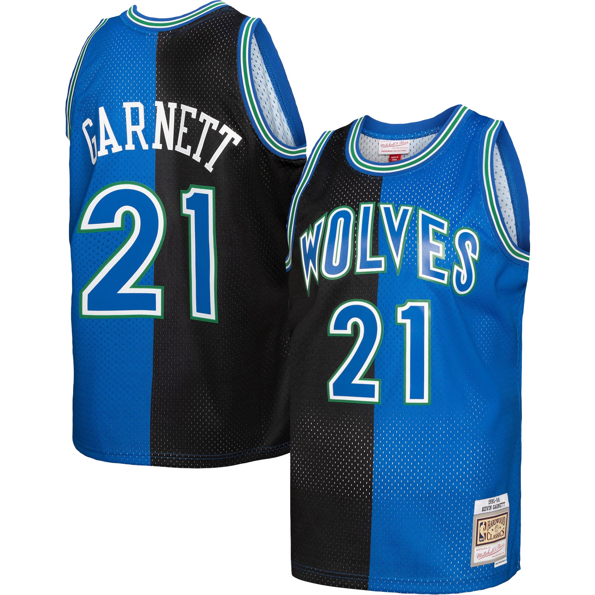 Kevin Garnett Minnesota Timberwolves Mitchell & Ness Hardwood Classics 1995/96 Split Swingman Jersey - Black/Blue - vstockx