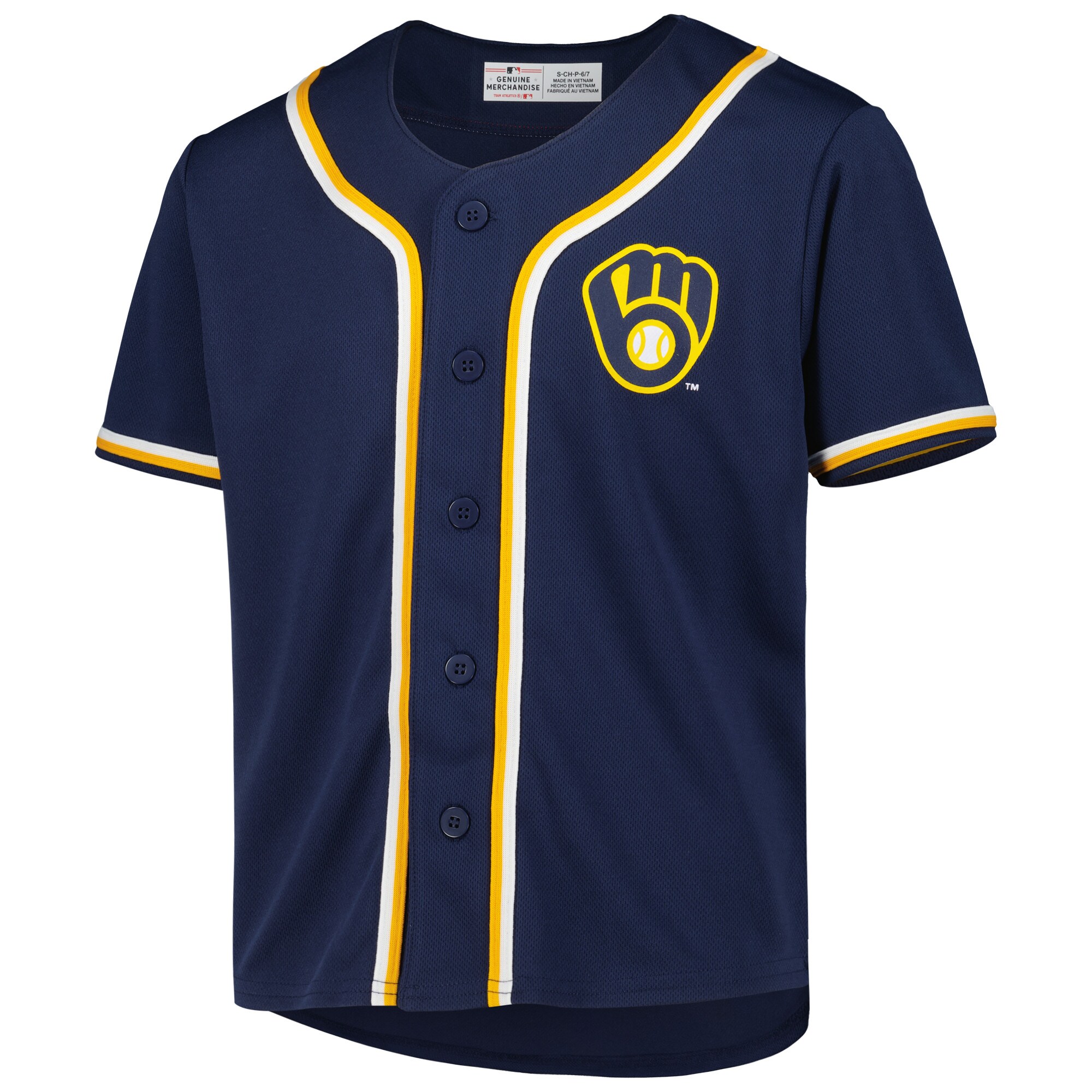 Youth Navy Milwaukee Brewers Full-Button Replica Jersey - vstockx