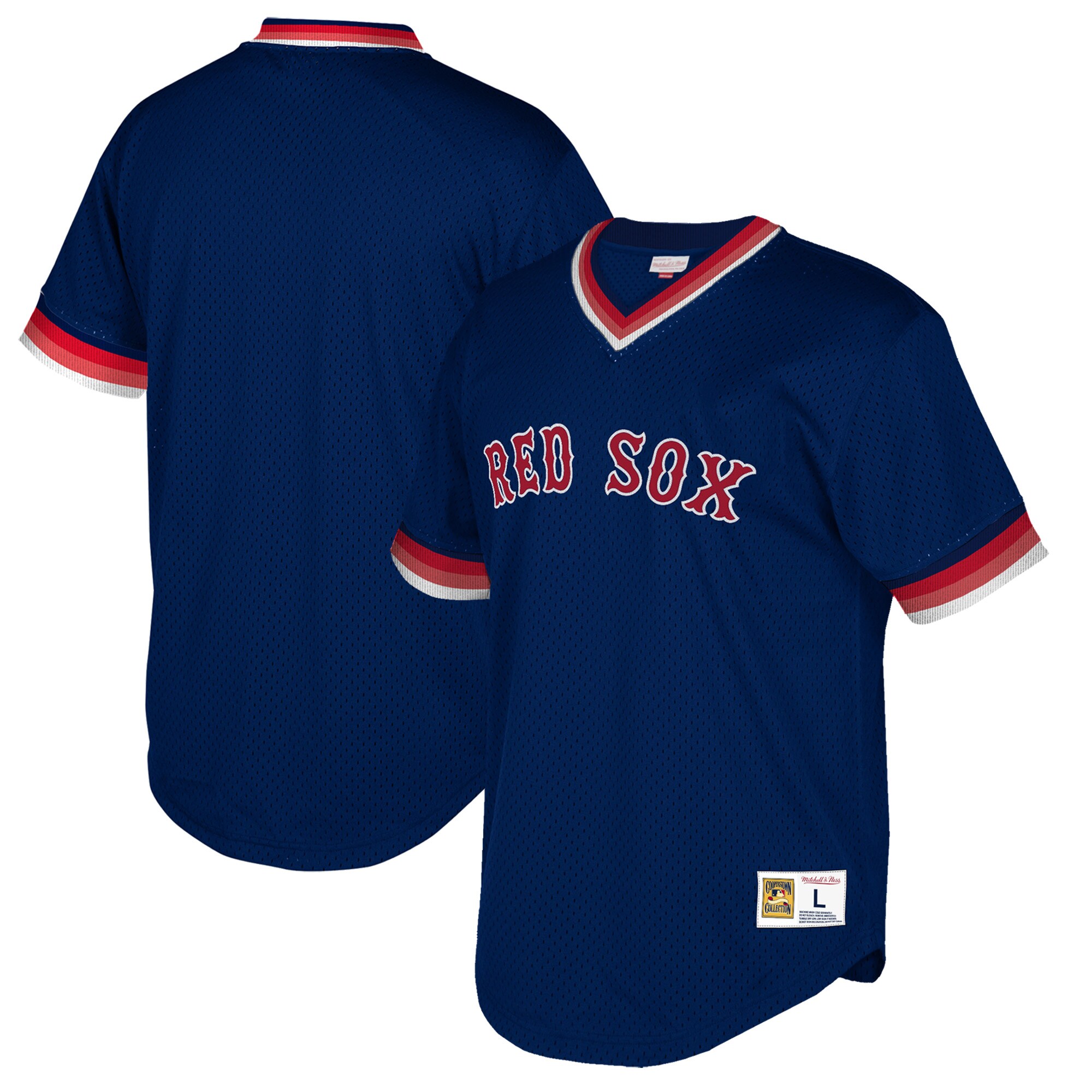 Boston Red Sox Mitchell & Ness Big & Tall Cooperstown Collection Mesh Wordmark V-Neck Jersey - Navy - vstockx