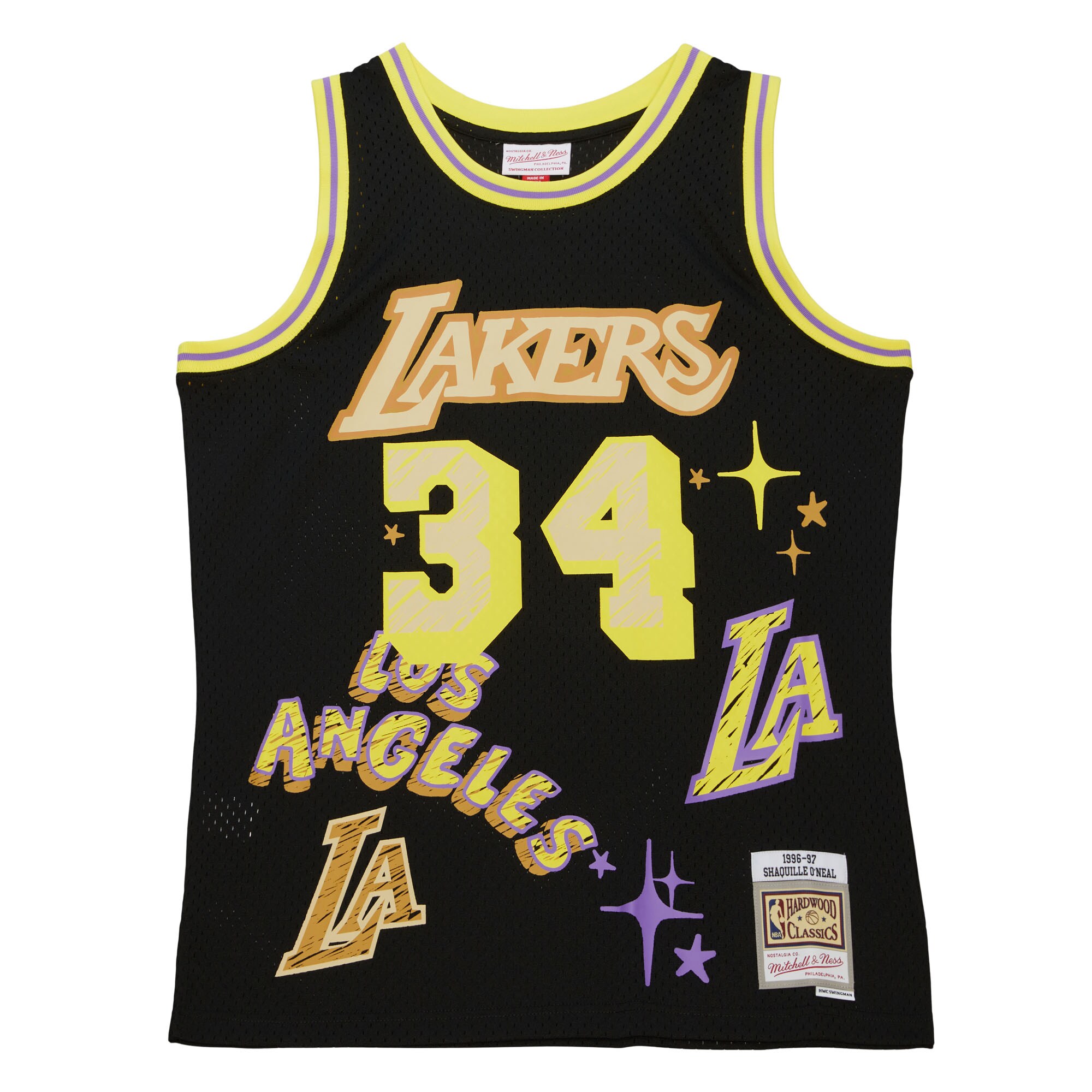 Shaquille O'Neal Los Angeles Lakers Mitchell & Ness 1996/97 Swingman Sidewalk Sketch Jersey - Black - vstockx