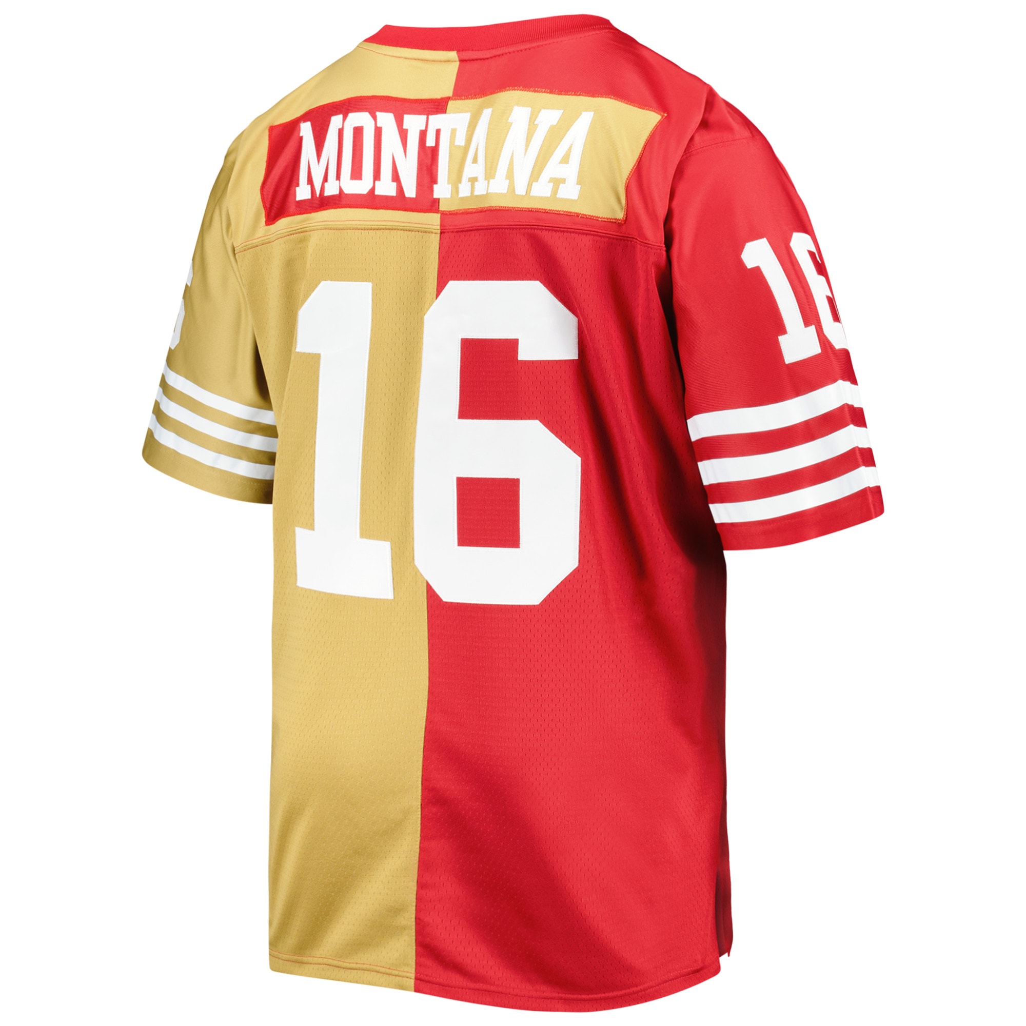 Joe Montana San Francisco 49ers Mitchell & Ness Big & Tall Split Legacy Retired Player Replica Jersey - Scarlet/Gold - vstockx