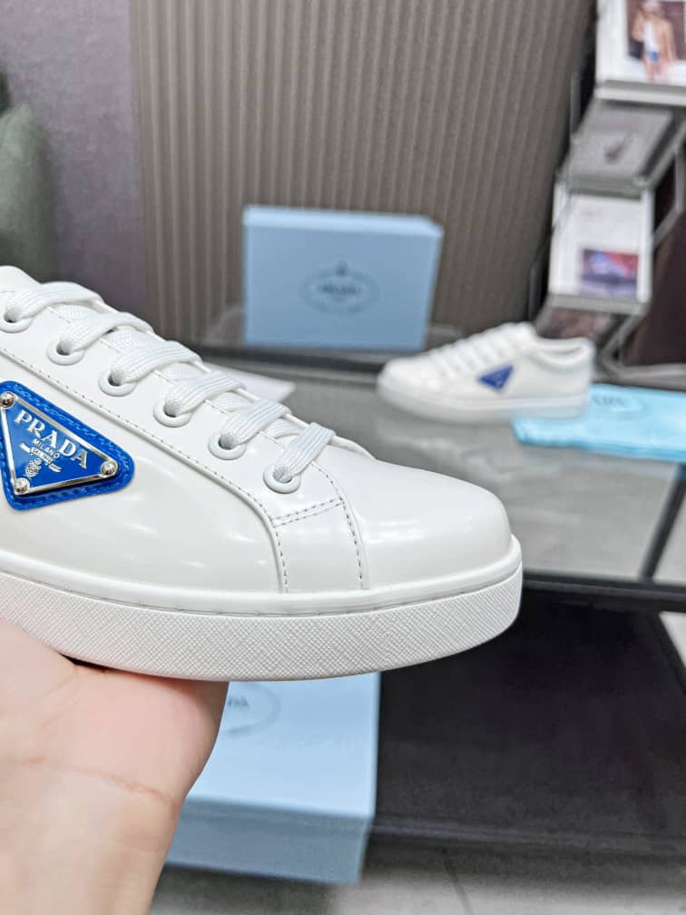 Prada Brushed Sneakers Leather White White Cobalt Blue - vstockx