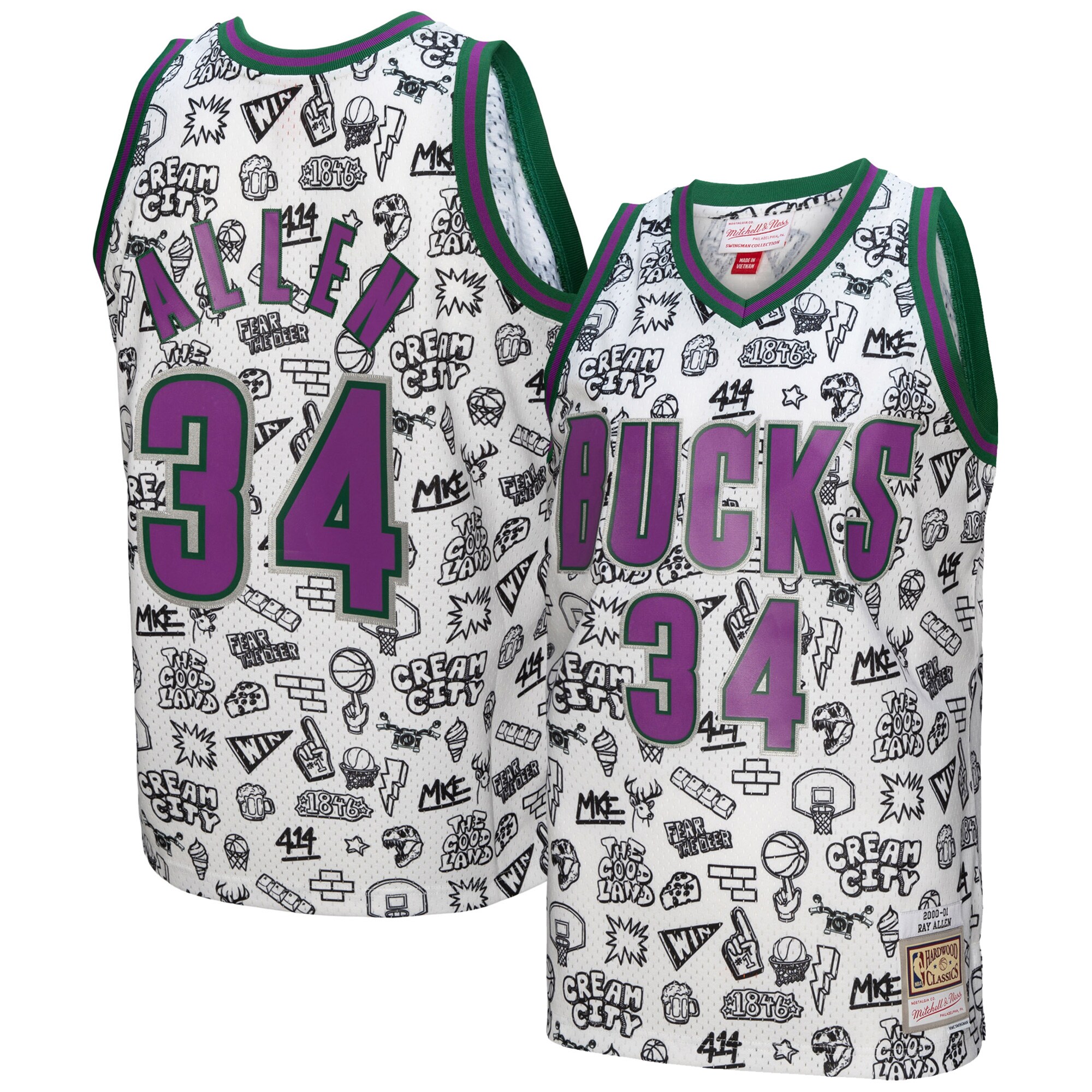 Ray Allen Milwaukee Bucks Mitchell & Ness 2000/01 Swingman Jersey - White - vstockx