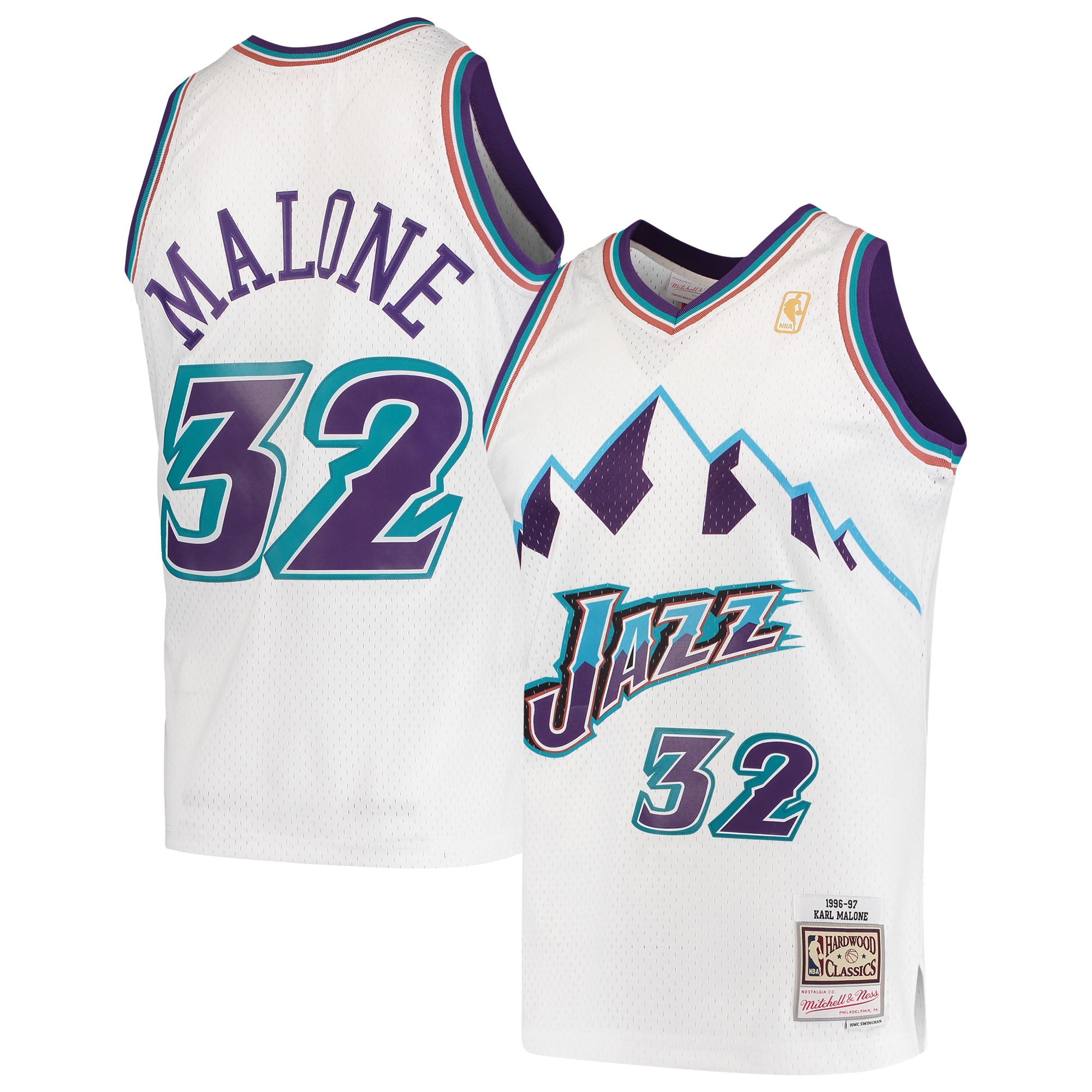 Karl Malone Utah Jazz Mitchell & Ness Hardwood Classics Swingman Jersey - White - vstockx
