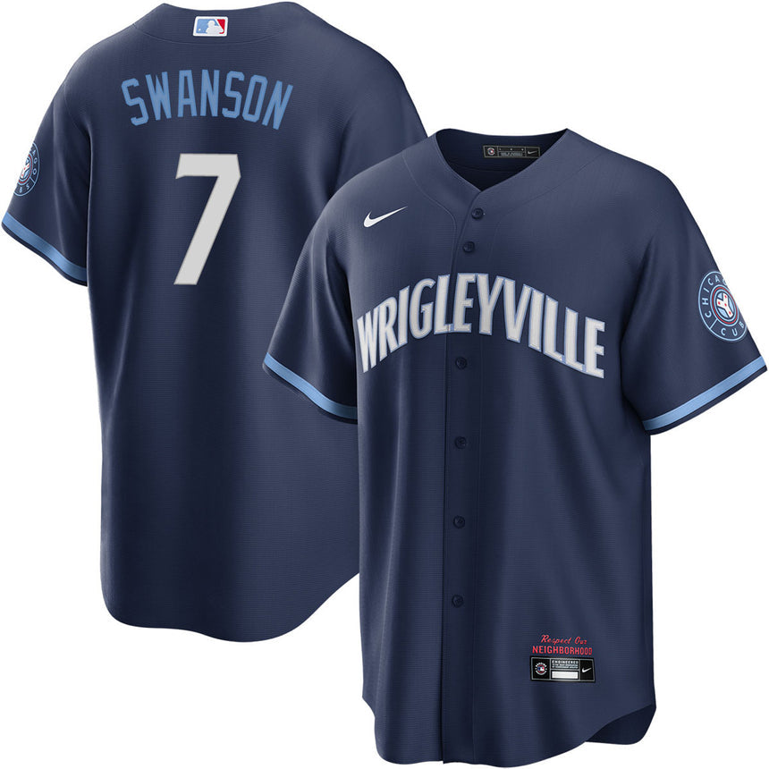 Men's Dansby Swanson Chicago Cubs Navy City Connect Wrigleyville Replica Jersey - vstockx