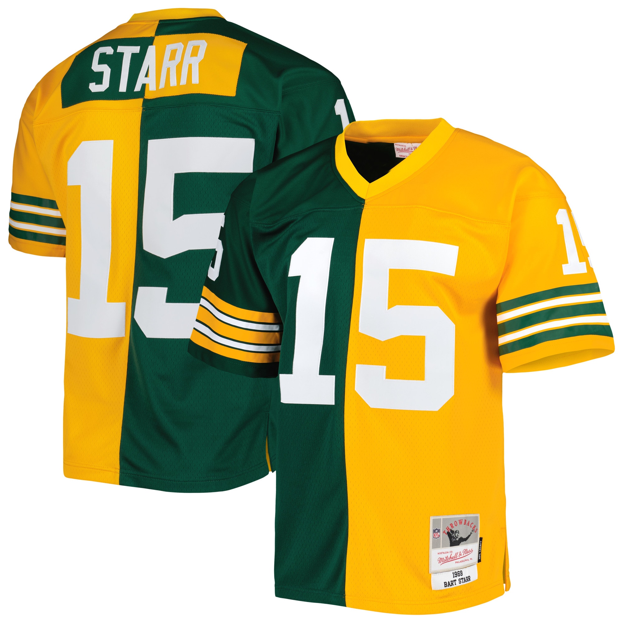 Bart Starr Green Bay Packers Mitchell & Ness 1969 Split Legacy Replica Jersey - Green/Gold - vstockx