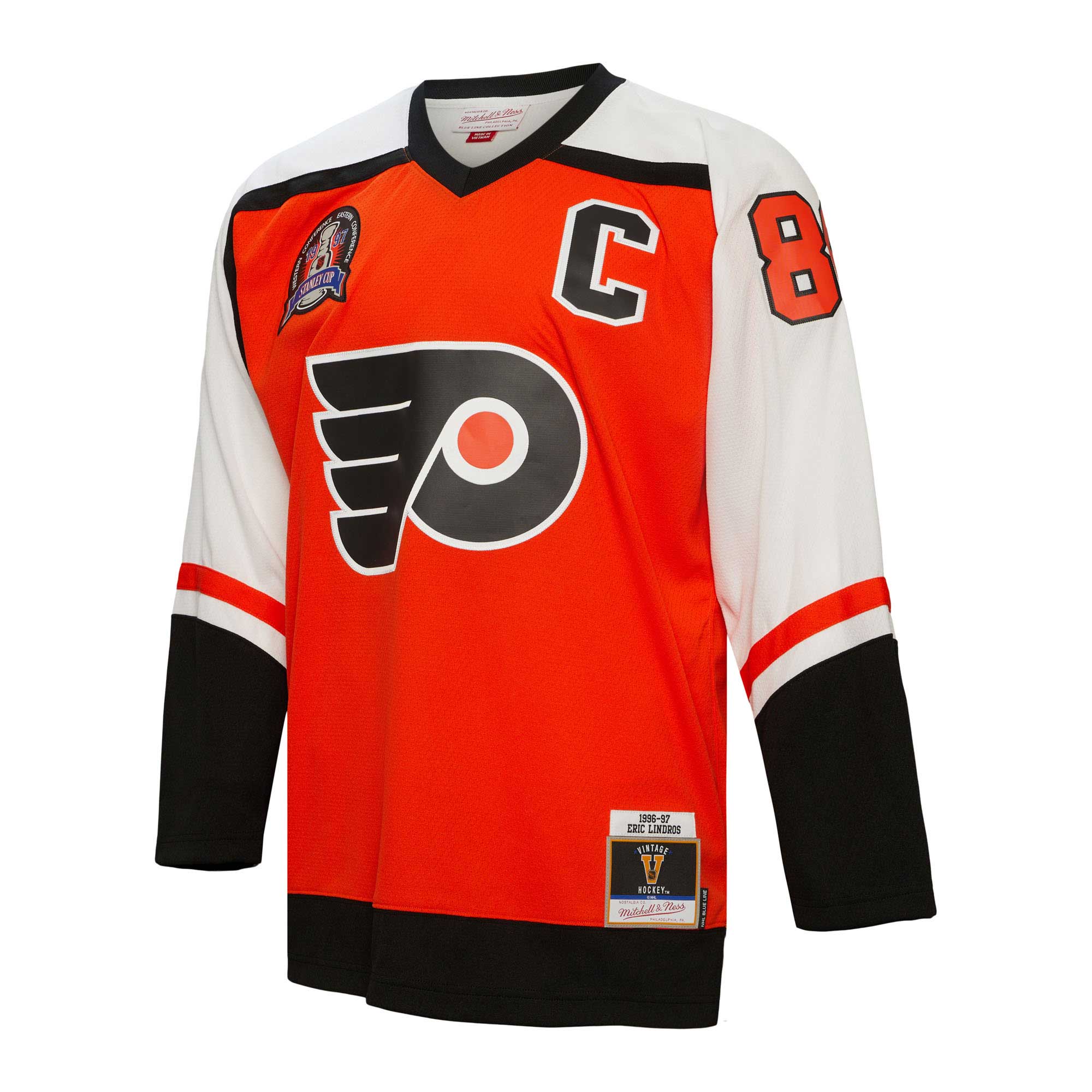 Eric Lindros Philadelphia Flyers Mitchell & Ness 1996/97 Captain Patch Blue Line Player Jersey - Orange - vstockx