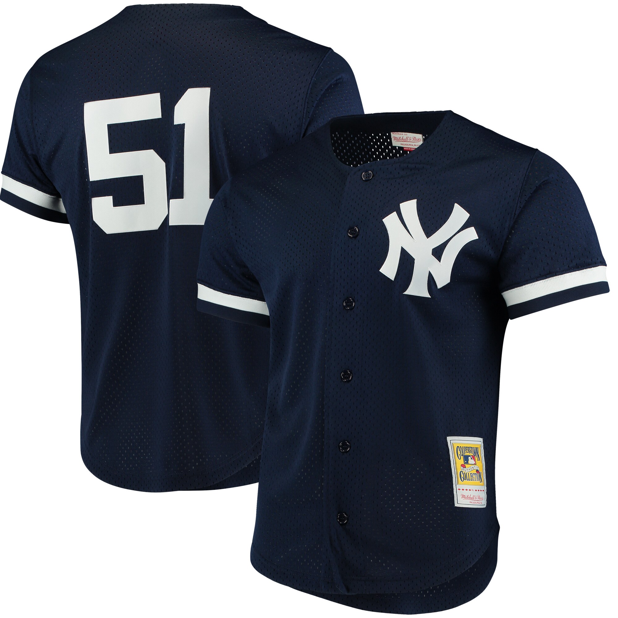 Bernie Williams New York Yankees Mitchell & Ness Cooperstown Collection Mesh Batting Practice Button-Up Jersey - Navy - vstockx