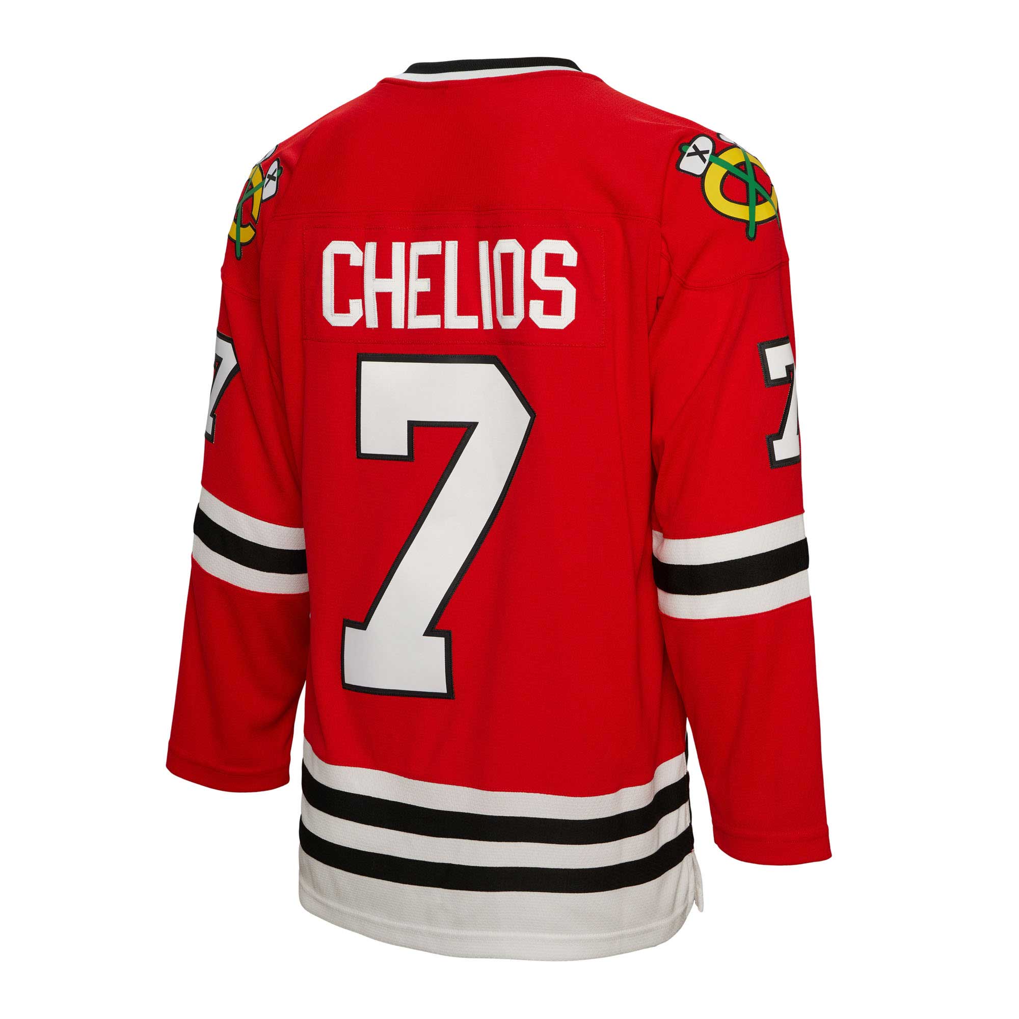 Chris Chelios Chicago Blackhawks Mitchell & Ness 1991/92 Alternate Captain Patch Blue Line Player Jersey - Red - vstockx