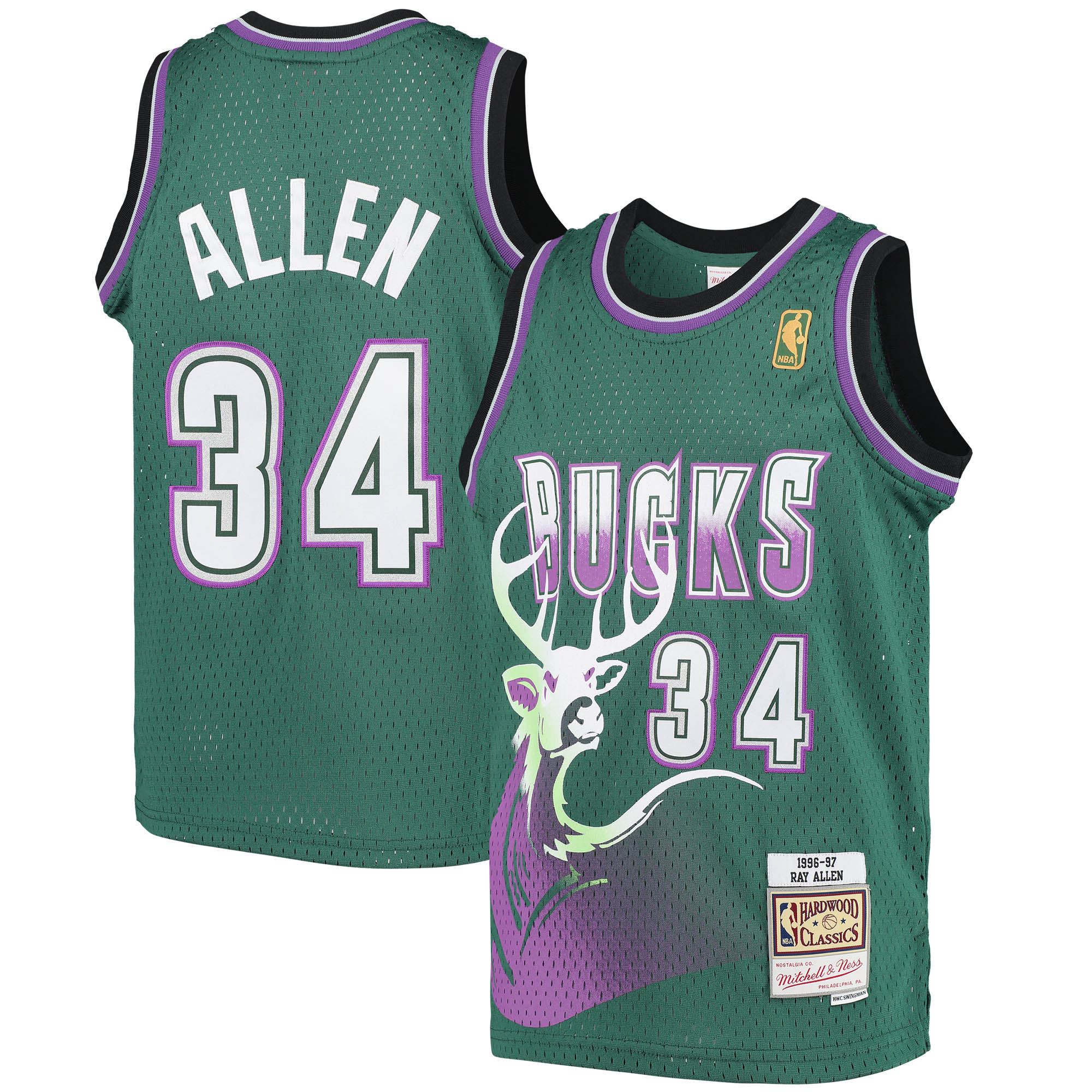Ray Allen Milwaukee Bucks Mitchell & Ness Youth 1996-97 Hardwood Classics Swingman Jersey - Green - vstockx