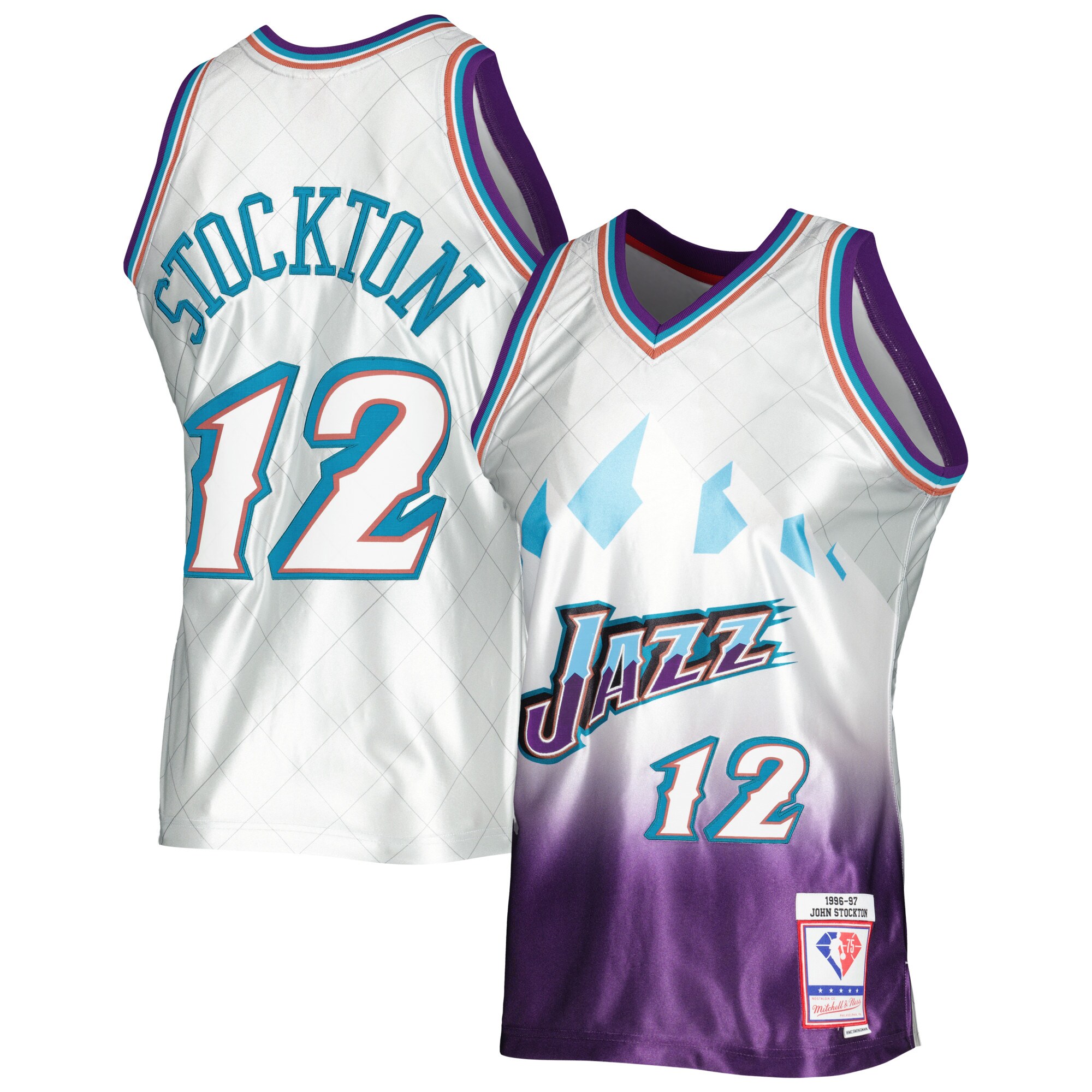 John Stockton Utah Jazz Mitchell & Ness 1996/97 Hardwood Classics 75th Anniversary Swingman Jersey - Platinum - vstockx