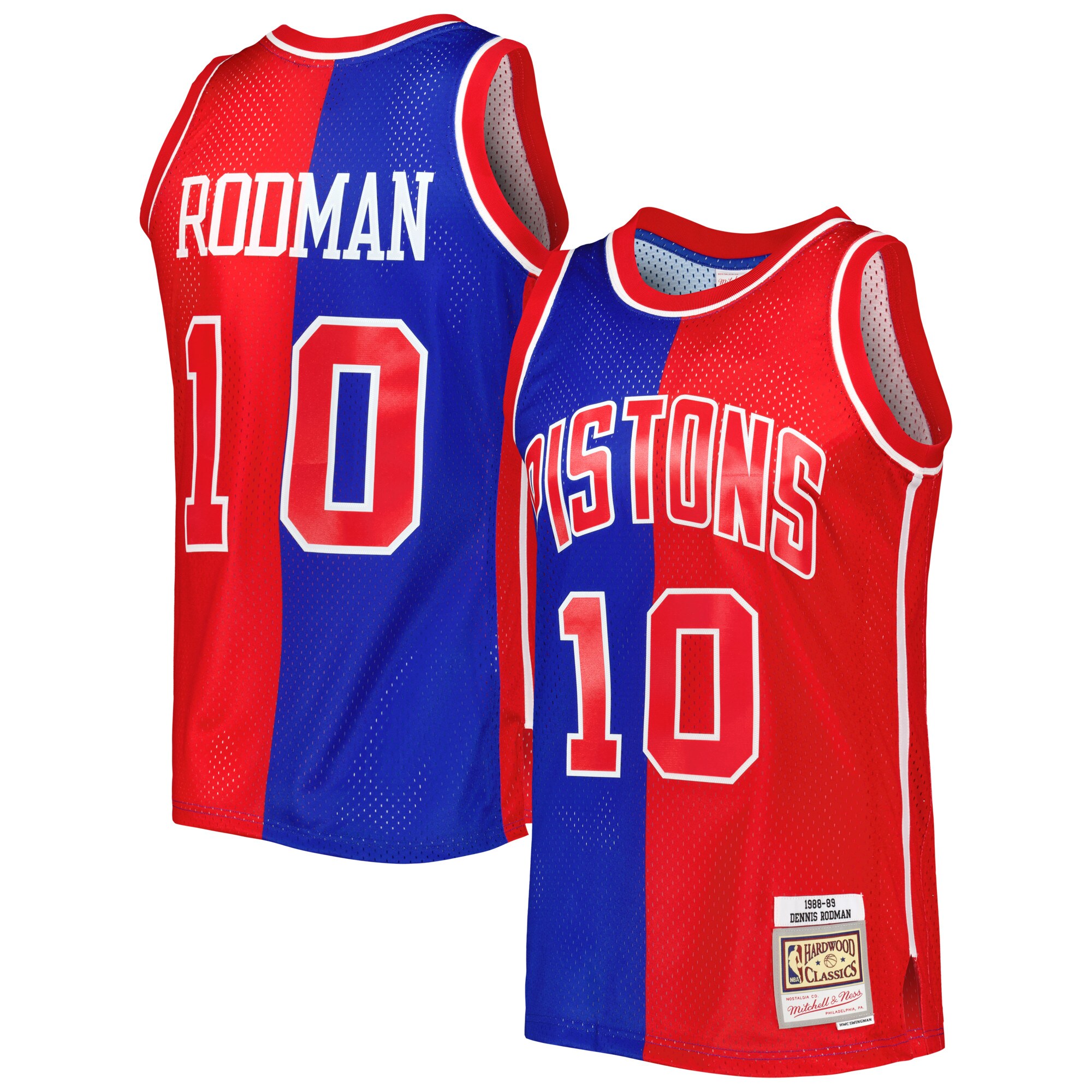 Dennis Rodman Detroit Pistons Mitchell & Ness Hardwood Classics 1988/89 Split Swingman Jersey - Blue/Red - vstockx