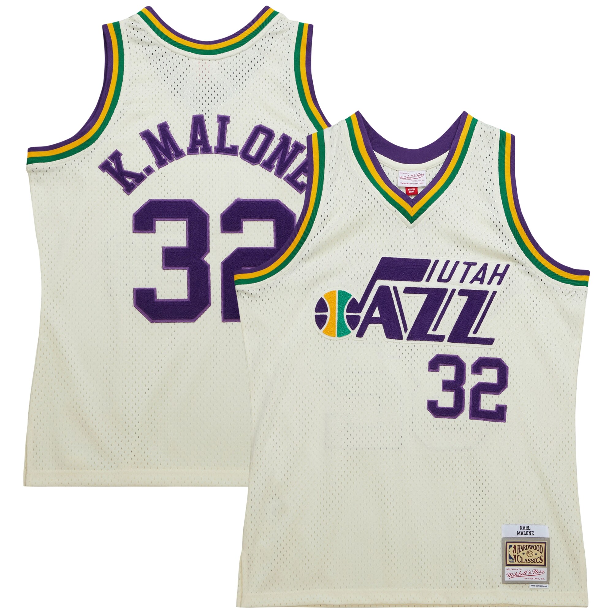 Karl Malone Utah Jazz Mitchell & Ness Chainstitch Swingman Jersey - Cream - vstockx