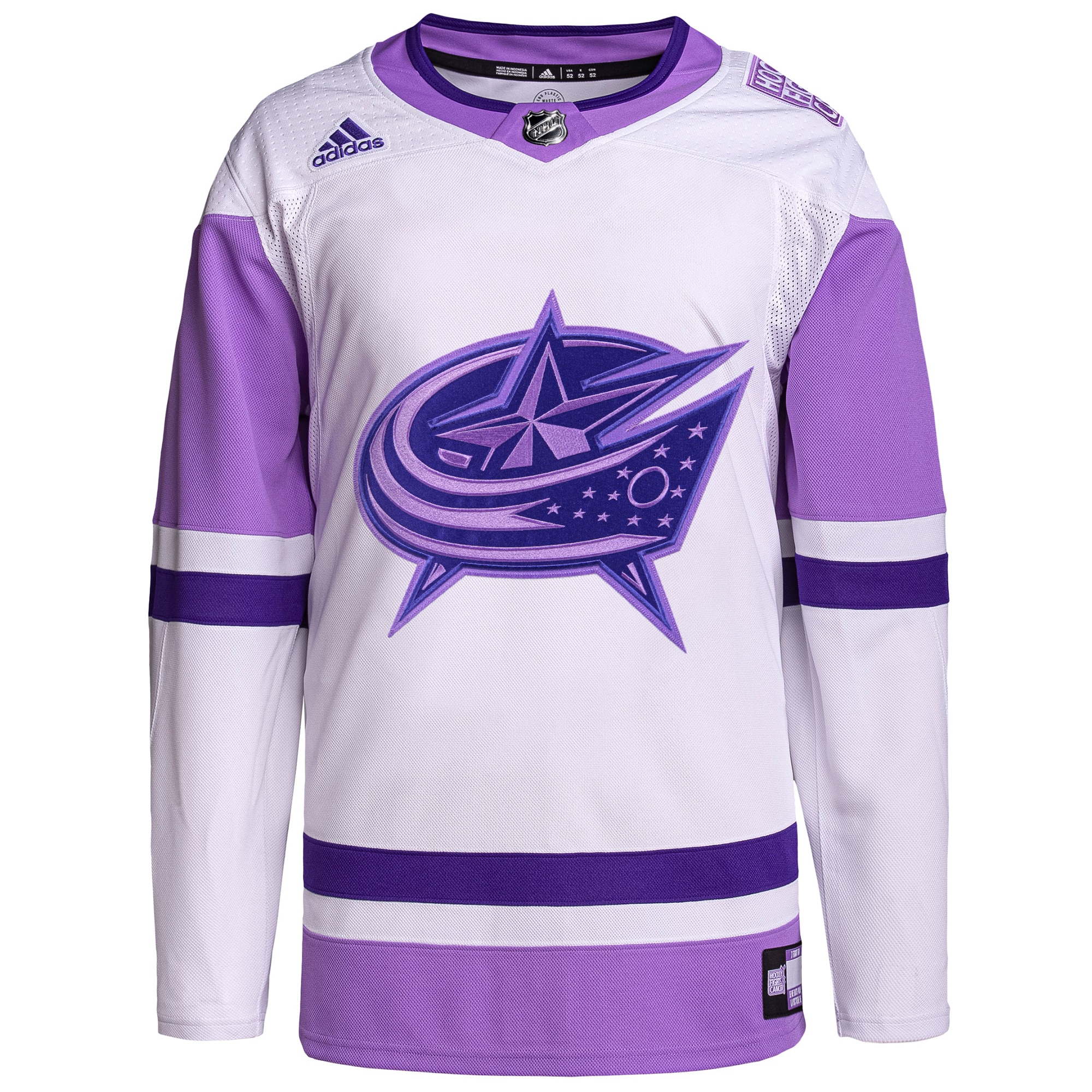 Columbus Blue Jackets adidas Hockey Fights Cancer Primegreen Authentic Blank Practice Jersey - White/Purple - vstockx