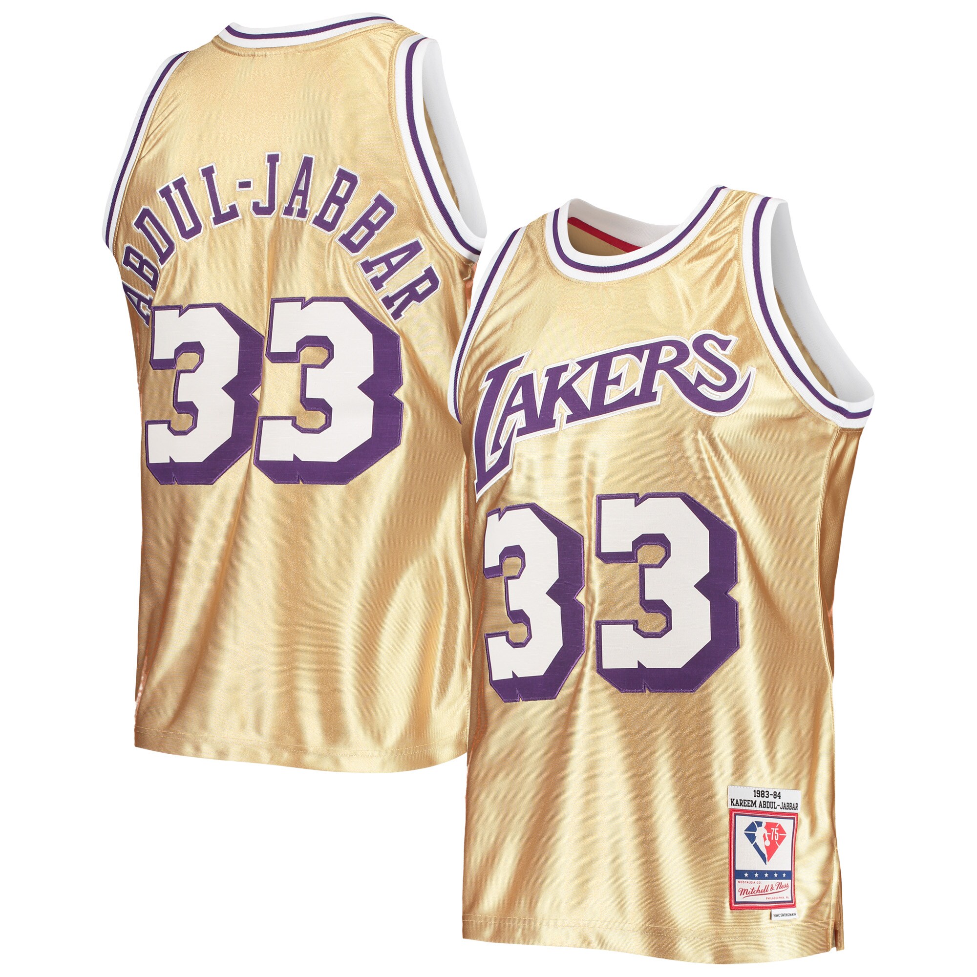 Kareem Abdul-Jabbar Los Angeles Lakers Mitchell & Ness 75th Anniversary 1983/84 Hardwood Classics Swingman Jersey - Gold - vstockx