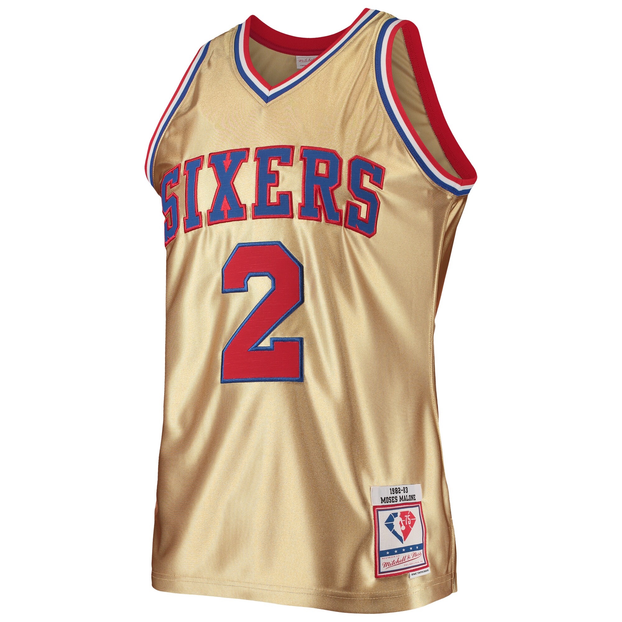 Moses Malone Philadelphia 76ers Mitchell & Ness 75th Anniversary 1982/83 Hardwood Classics Swingman Jersey - Gold - vstockx