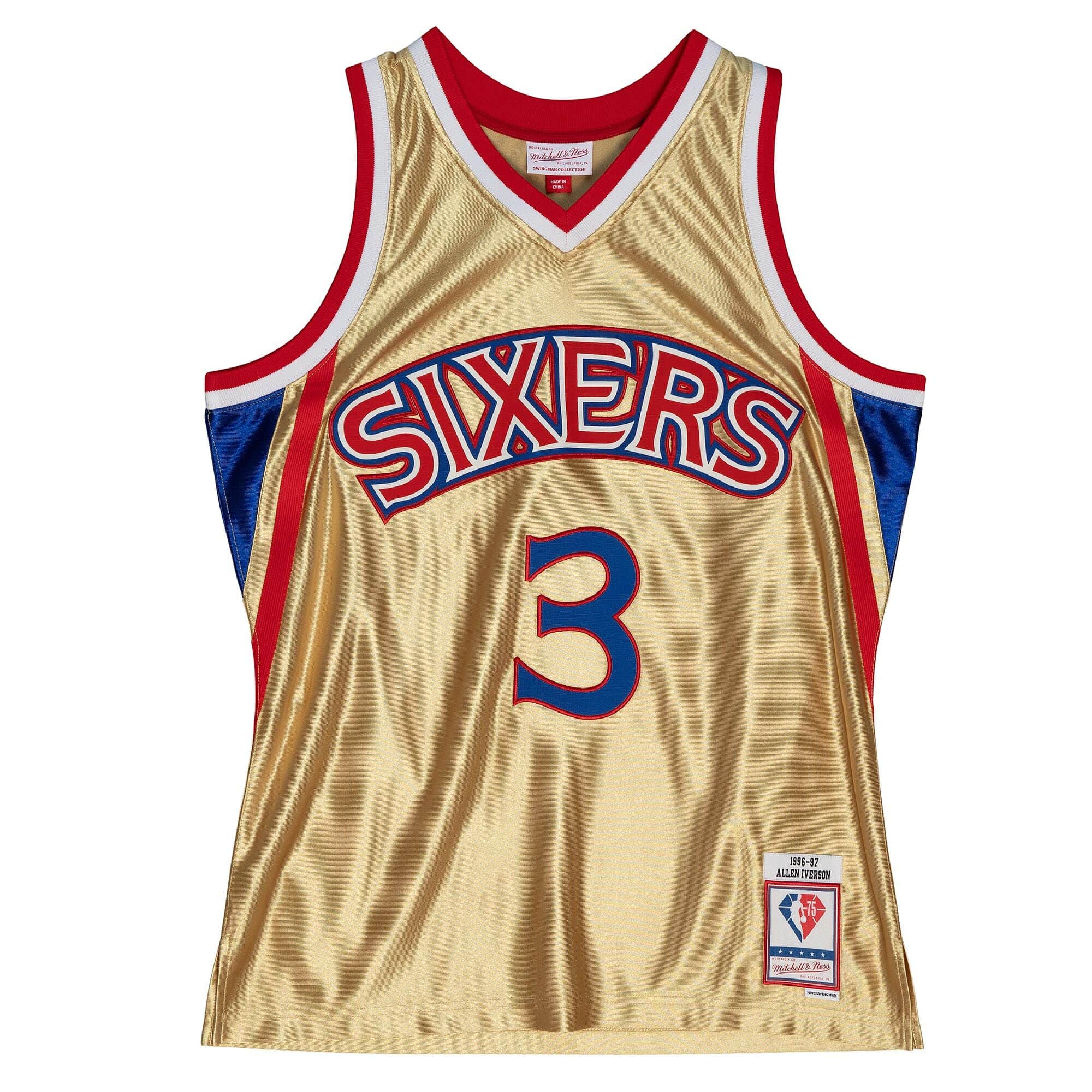 75th Anniversary Gold Swingman Allen Iverson Philadelphia 76ers 1996-97 Jersey - vstockx