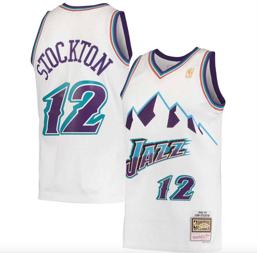 Men's Mitchell & Ness John Stockton Utah Jazz White 1996-97 Hardwood Classics Swingman Jersey - vstockx