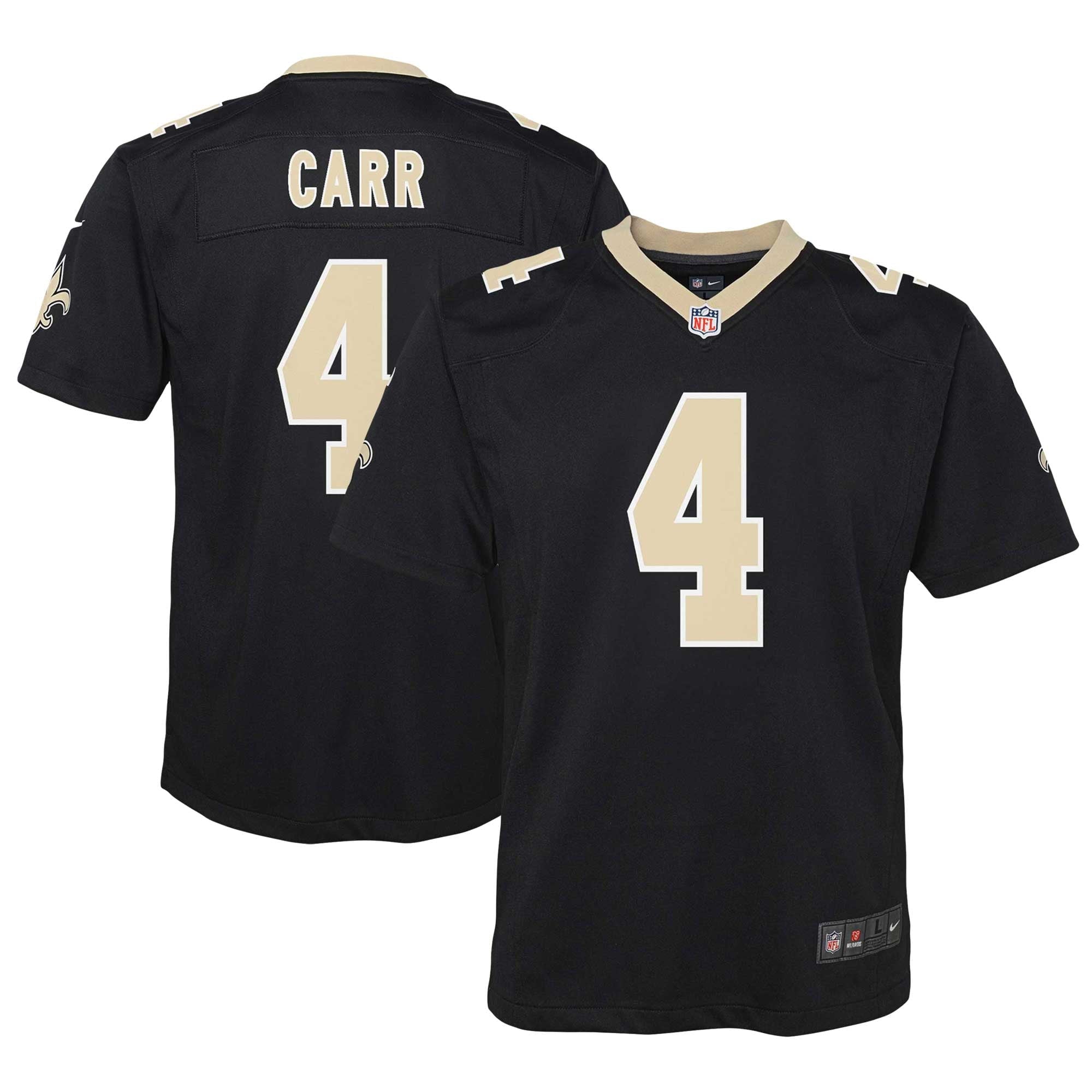 Youth Nike Derek Carr Black New Orleans Saints Game Jersey - vstockx