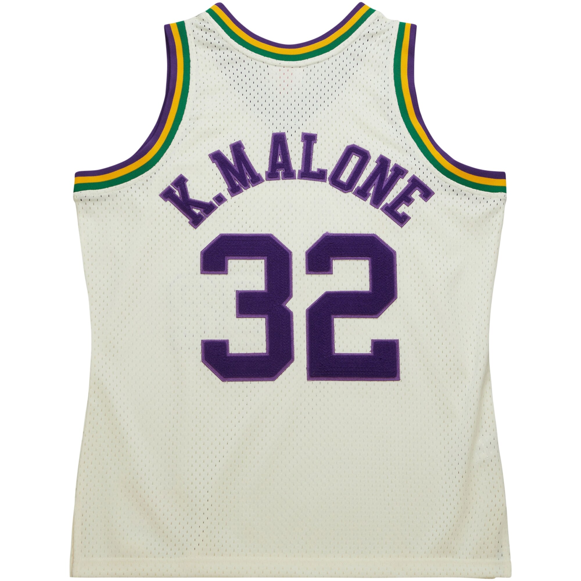 Karl Malone Utah Jazz Mitchell & Ness Chainstitch Swingman Jersey - Cream - vstockx