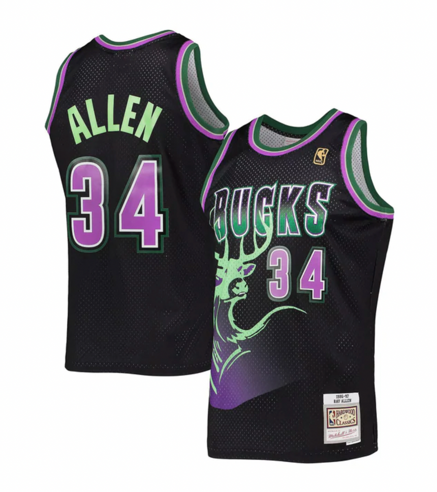 Men's Mitchell & Ness Ray Allen Black Milwaukee Bucks Hardwood Classics Reload 2.0 Swingman Jersey - vstockx