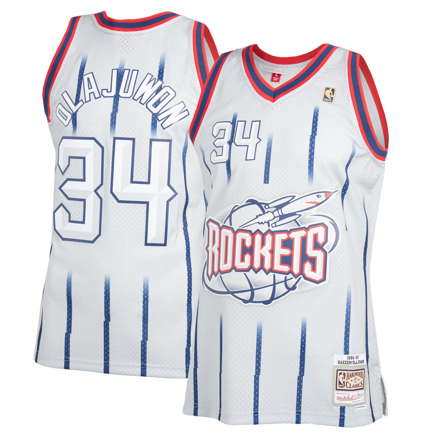 Men's Hakeem Olajuwon Houston Rockets Mitchell & Ness 1996-97 Hardwood Classics Reload 2.0 Swingman Jersey - Gray - vstockx