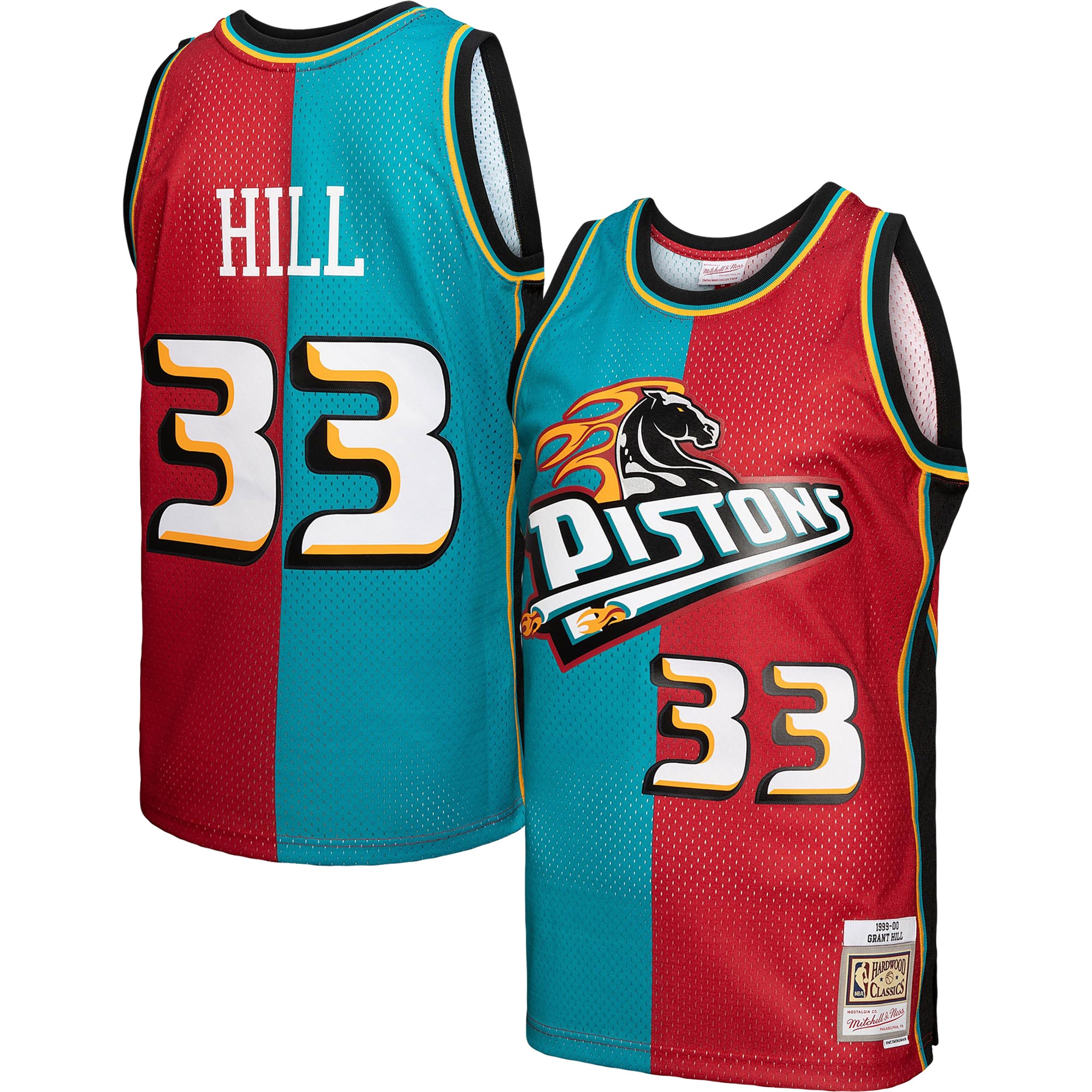 Grant Hill Detroit Pistons Mitchell & Ness Hardwood Classics 1999/00 Split Swingman Jersey - Teal/Red - vstockx