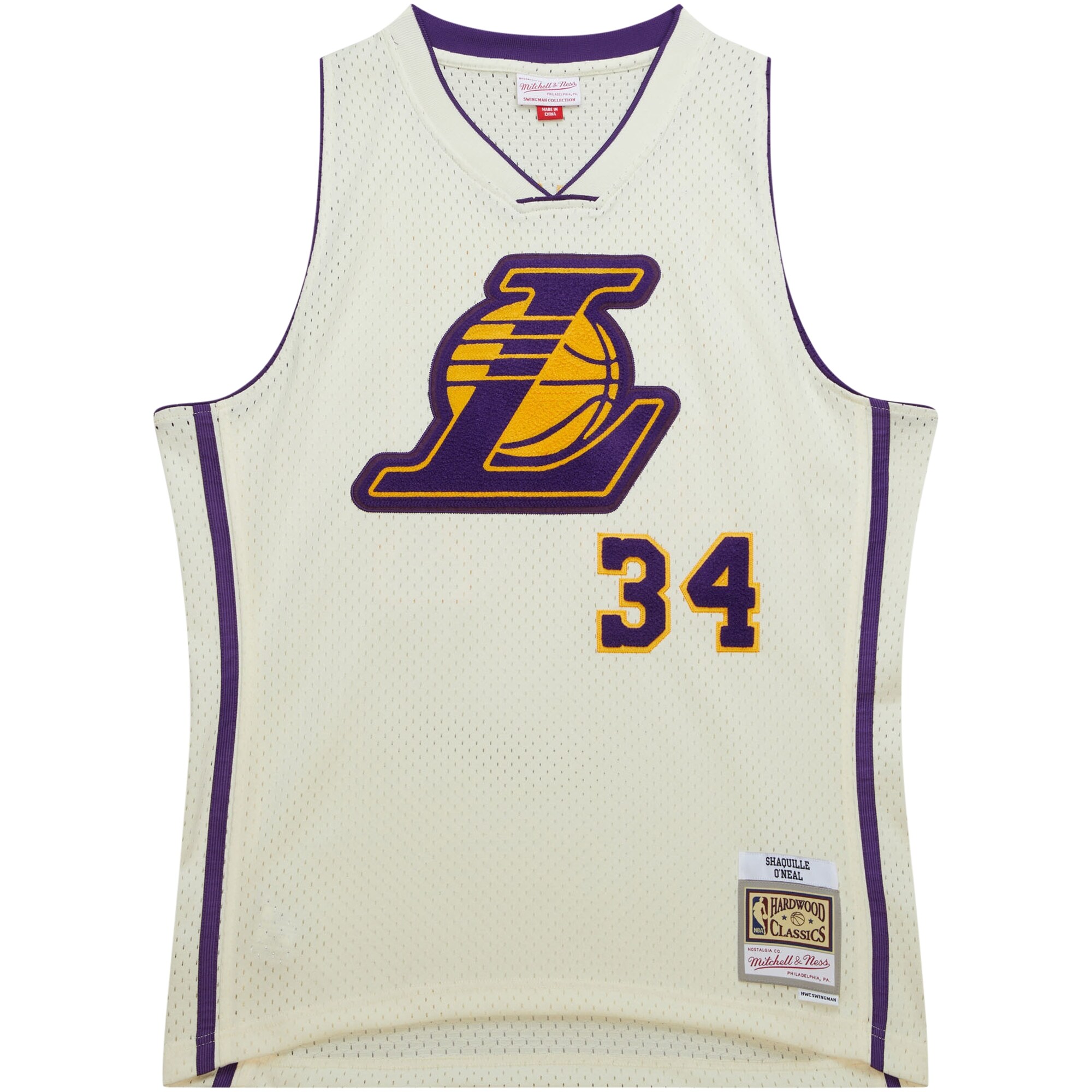 Shaquille O'Neal Los Angeles Lakers Mitchell & Ness Chainstitch Swingman Jersey - Cream - vstockx