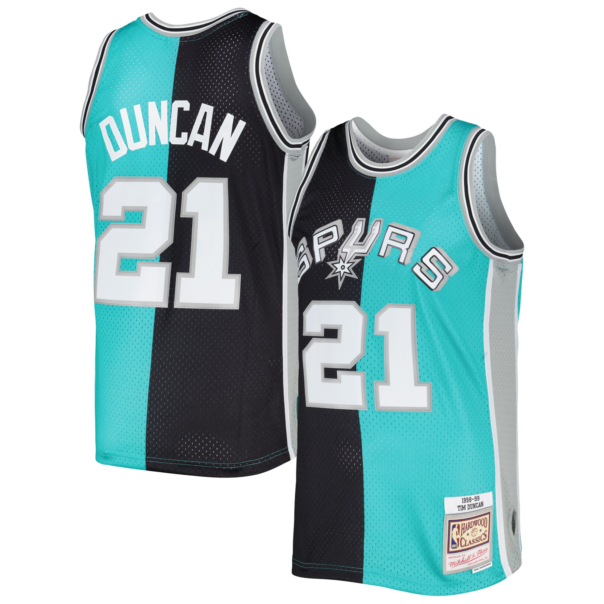 Tim Duncan San Antonio Spurs Mitchell & Ness Hardwood Classics 1998/99 Split Swingman Jersey - Black/Teal - vstockx