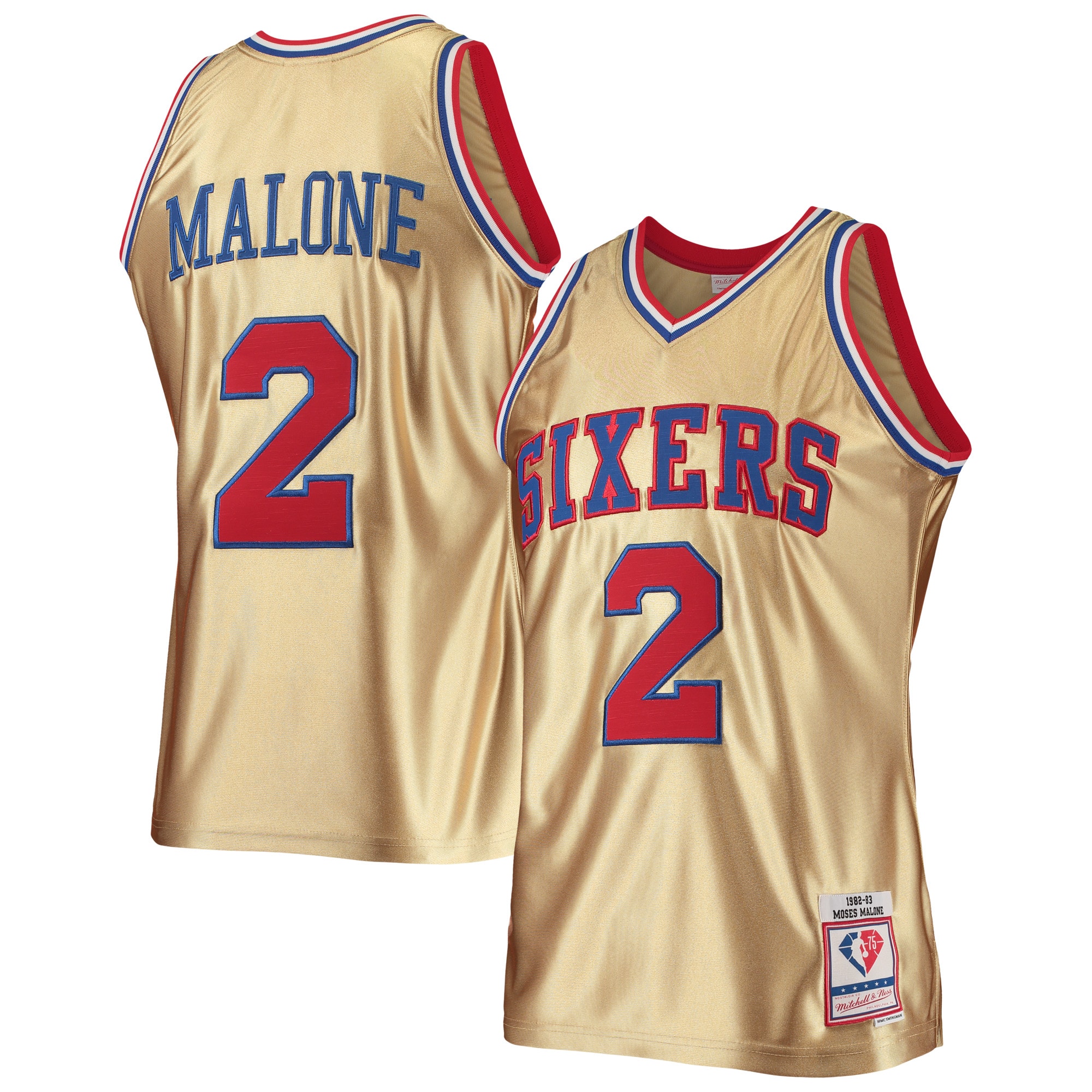Moses Malone Philadelphia 76ers Mitchell & Ness 75th Anniversary 1982/83 Hardwood Classics Swingman Jersey - Gold - vstockx