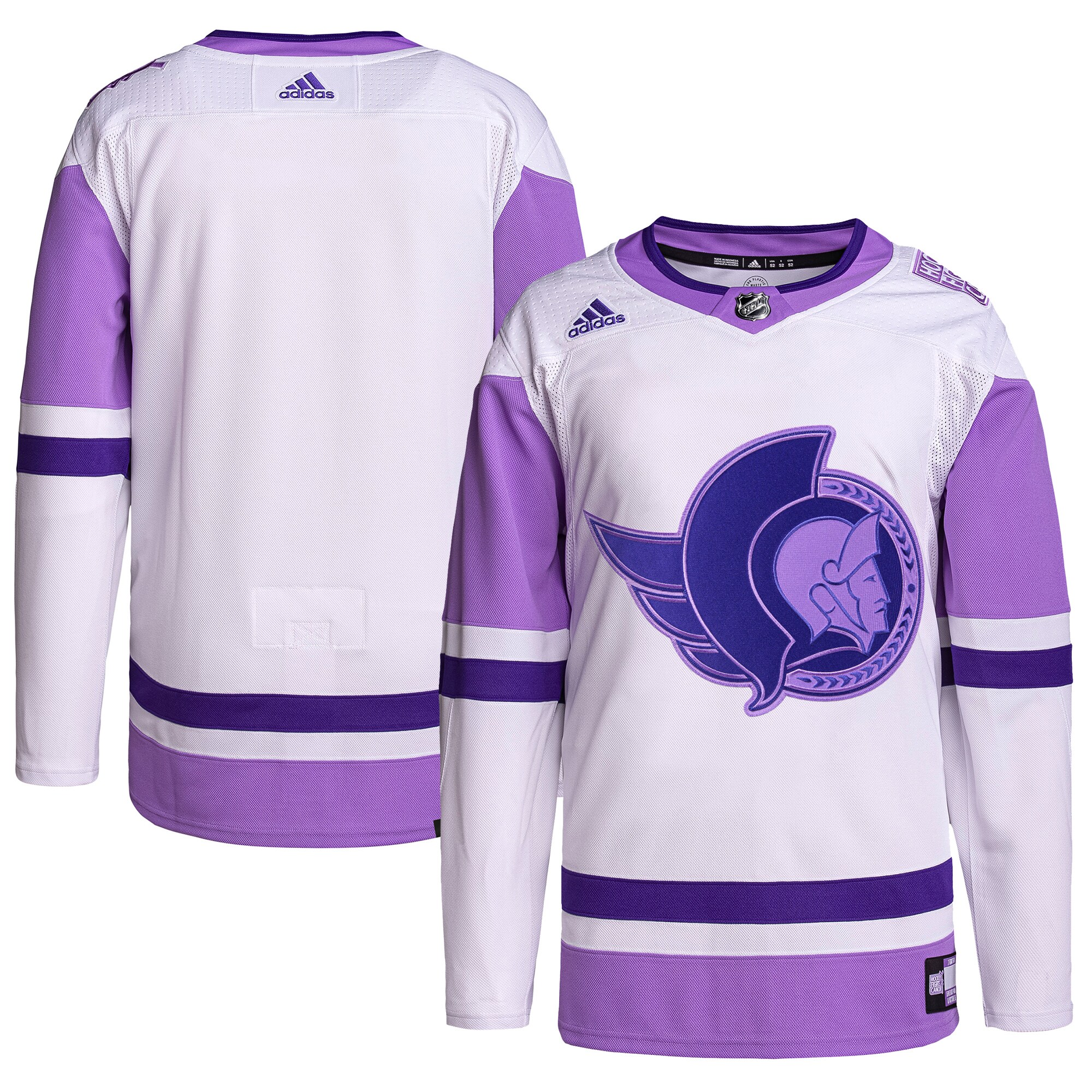 Ottawa Senators adidas Hockey Fights Cancer Primegreen Authentic Blank Practice Jersey - White/Purple - vstockx