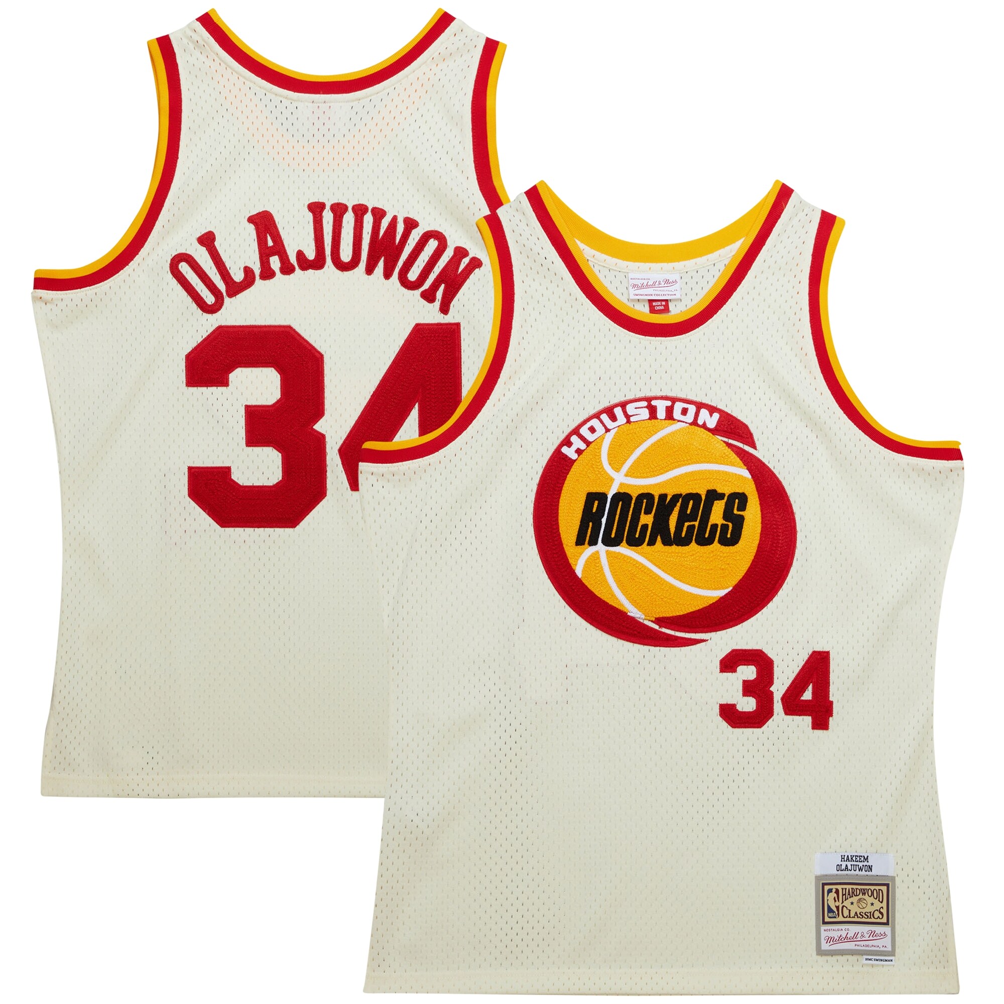 Hakeem Olajuwon Houston Rockets Mitchell & Ness Chainstitch Swingman Jersey - Cream - vstockx