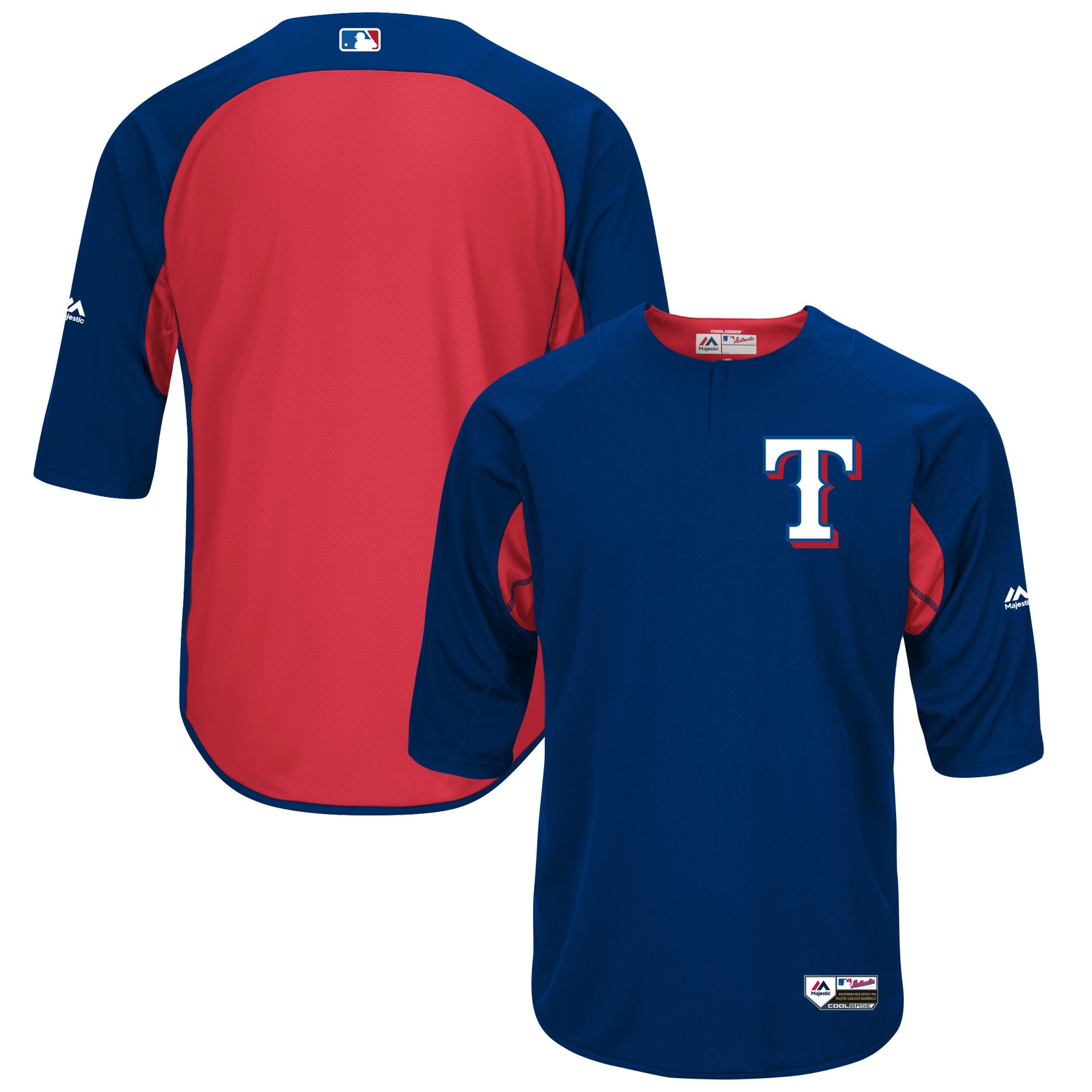 Texas Rangers Majestic Authentic Collection On-Field 3/4-Sleeve Batting Practice Jersey - Royal/Red - vstockx