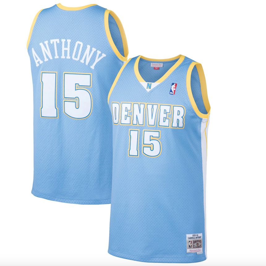 Men's Denver Nuggets Carmelo Anthony Mitchell & Ness Light Blue 2003-04 Hardwood Classics Swingman Jersey - vstockx