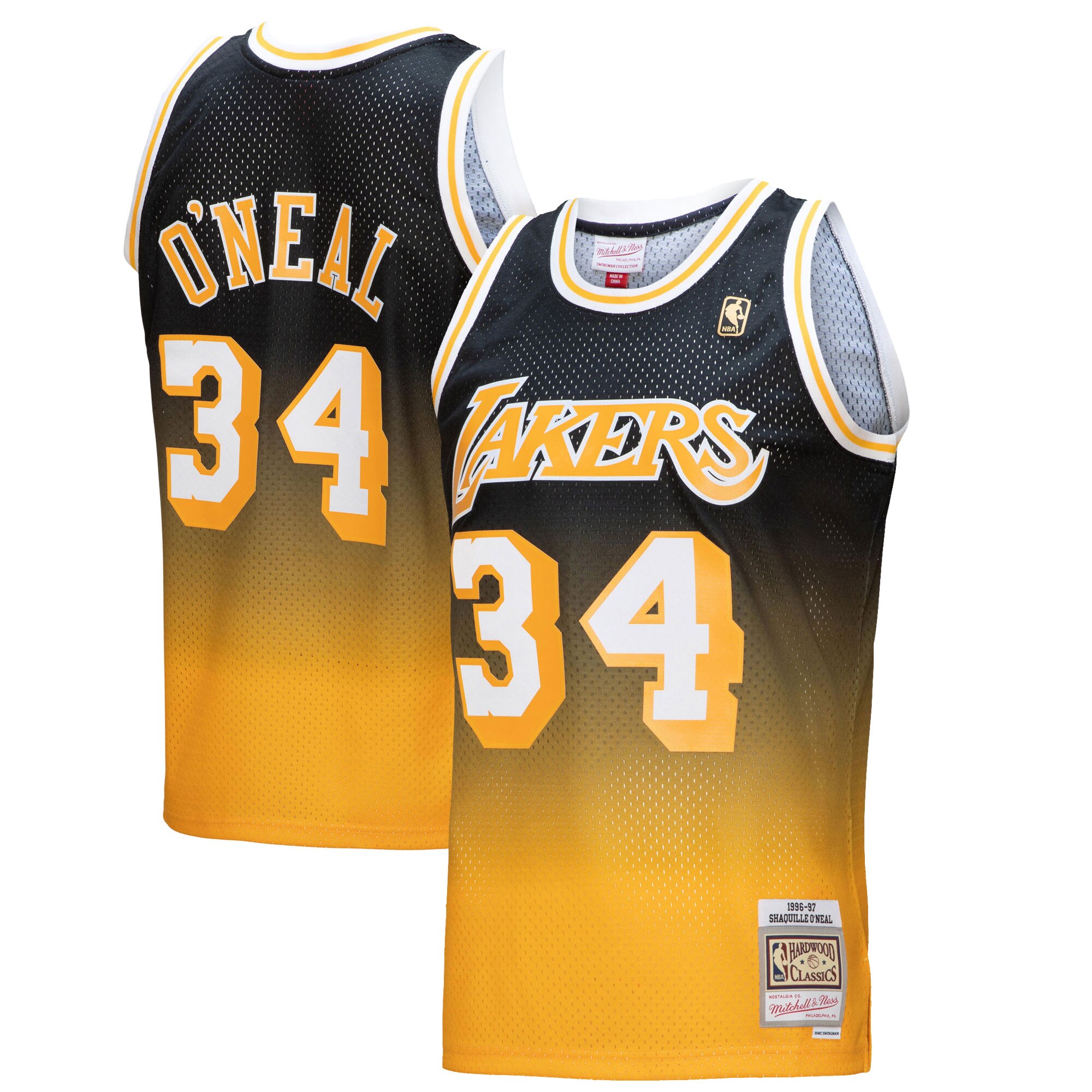 Shaquille O'Neal Los Angeles Lakers Mitchell & Ness 1996/97 Hardwood Classics Fadeaway Swingman Player Jersey - Gold/Black - vstockx