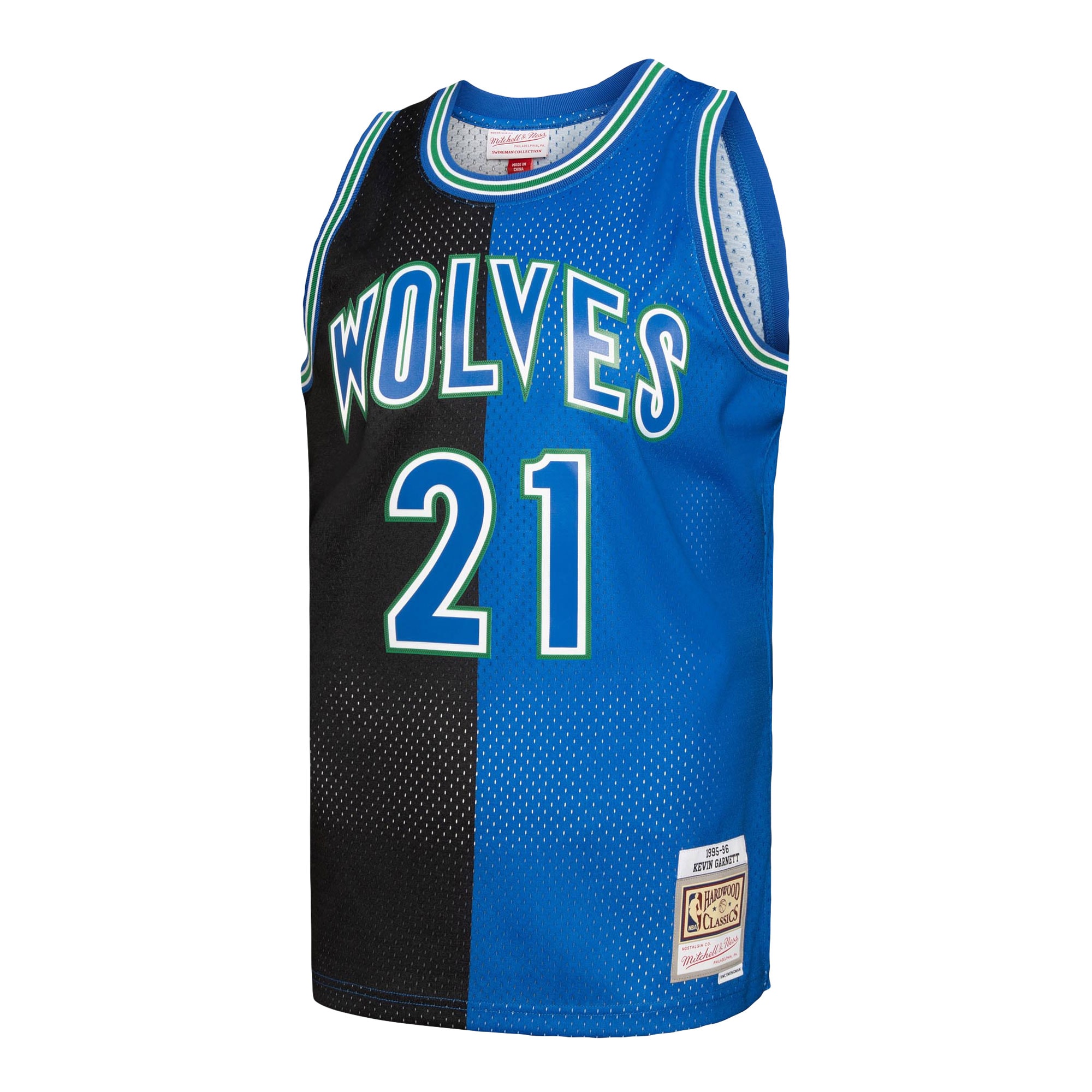 Kevin Garnett Minnesota Timberwolves Mitchell & Ness Hardwood Classics 1995/96 Split Swingman Jersey - Black/Blue - vstockx