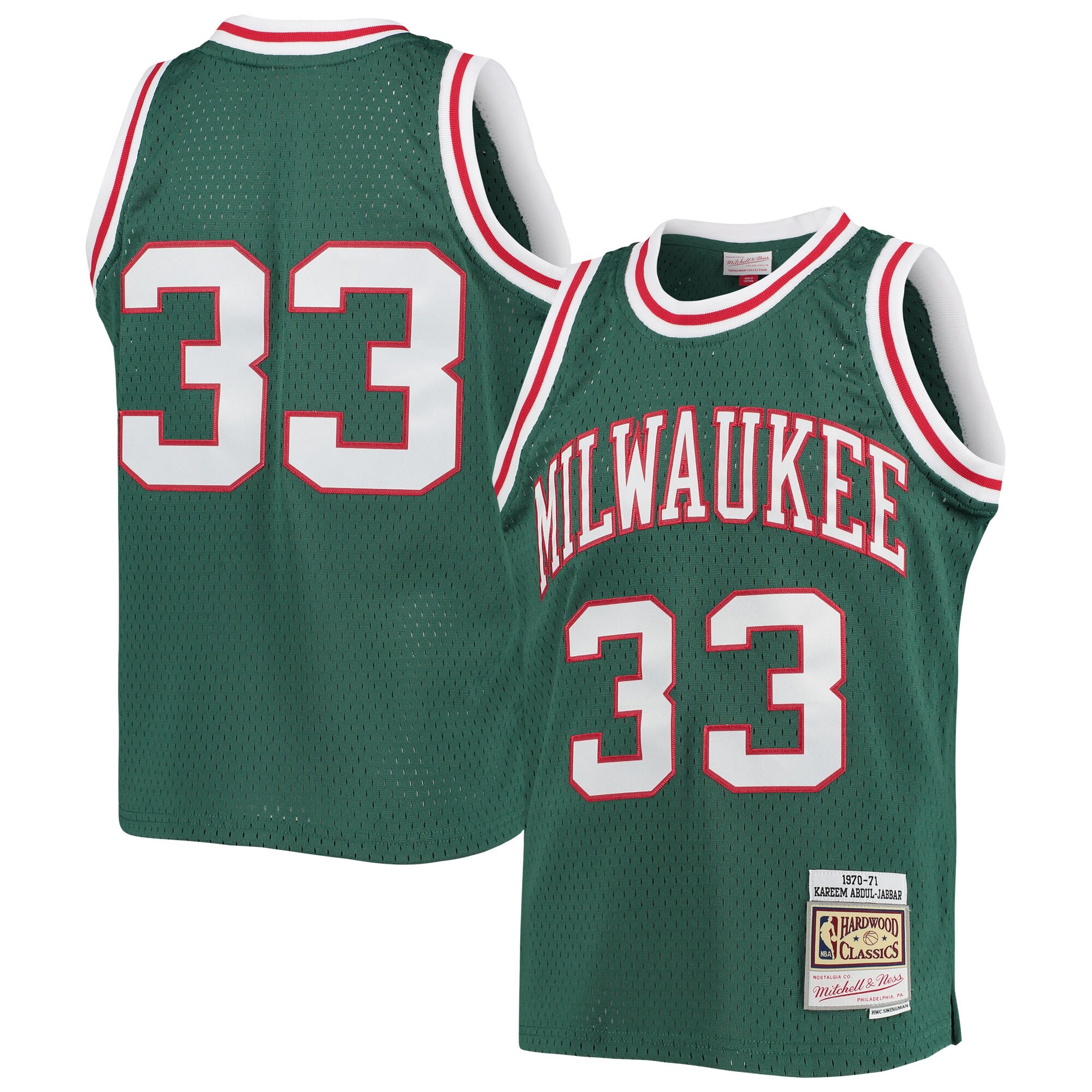 Kareem Abdul-Jabbar Milwaukee Bucks Mitchell & Ness Youth 1970-71 Hardwood Classics Swingman Jersey - Green - vstockx