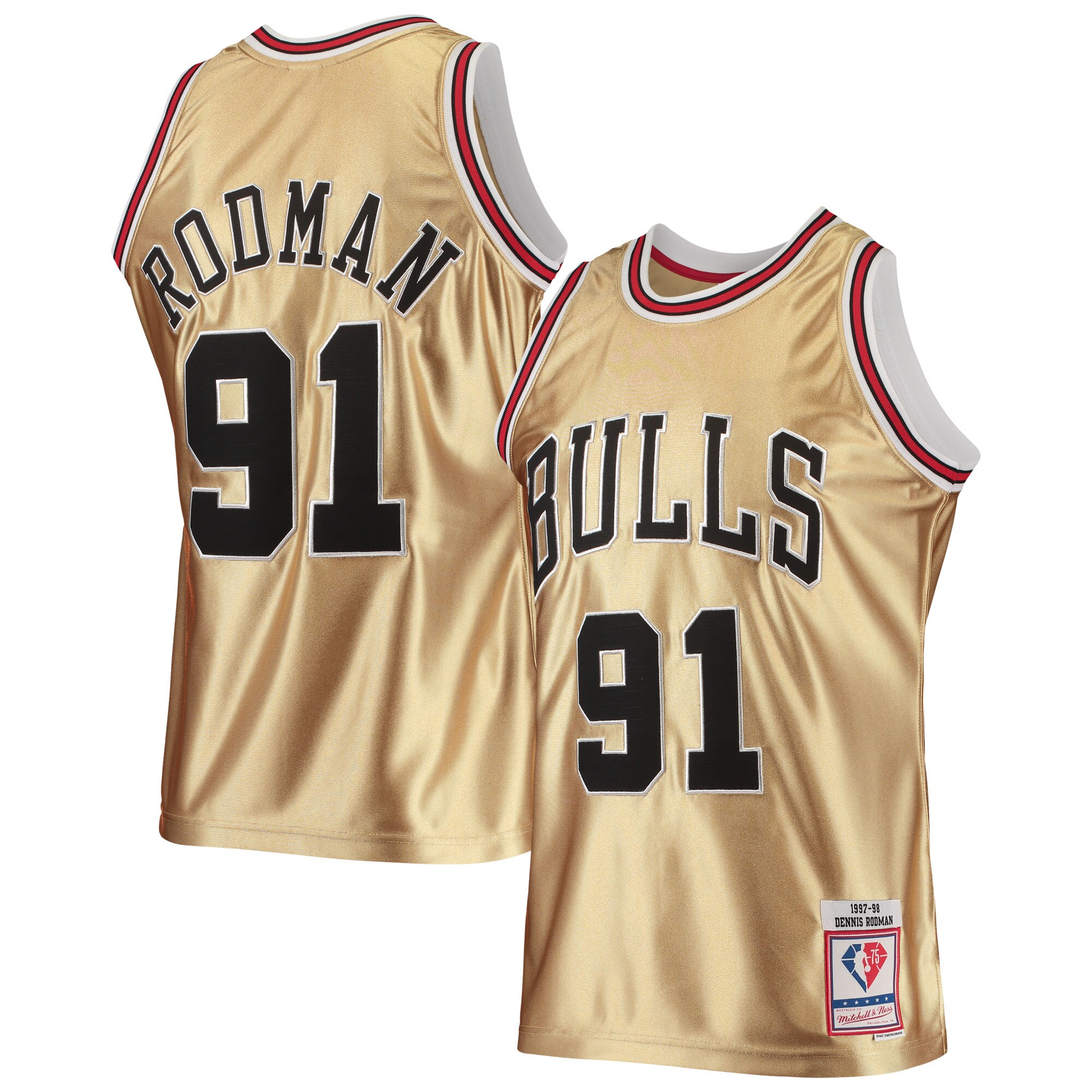 Dennis Rodman Chicago Bulls Mitchell & Ness 75th Anniversary 1997/98 Hardwood Classics Swingman Jersey - Gold - vstockx