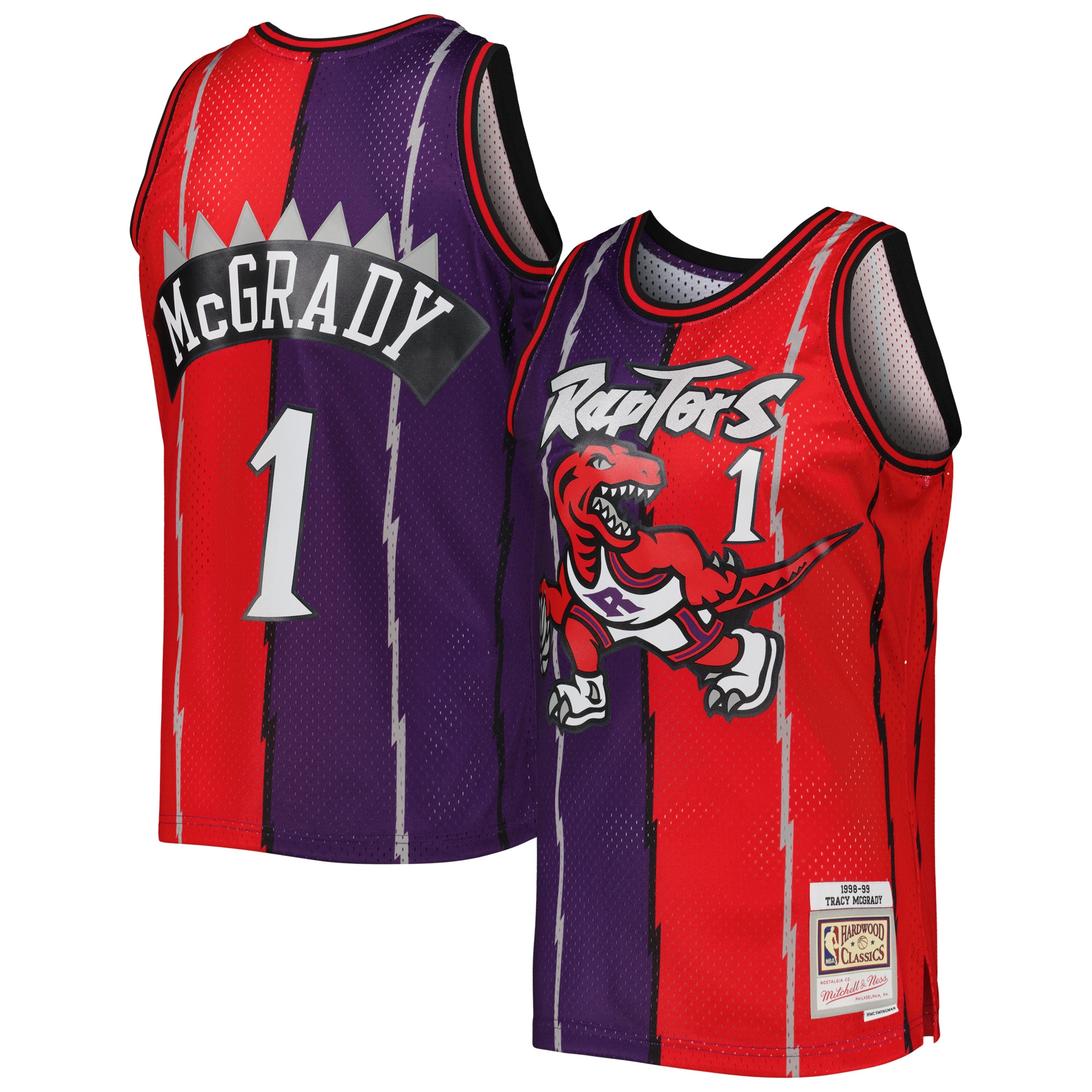 Tracy McGrady Toronto Raptors Mitchell & Ness Hardwood Classics 1998/99 Split Swingman Jersey - Purple/Red - vstockx