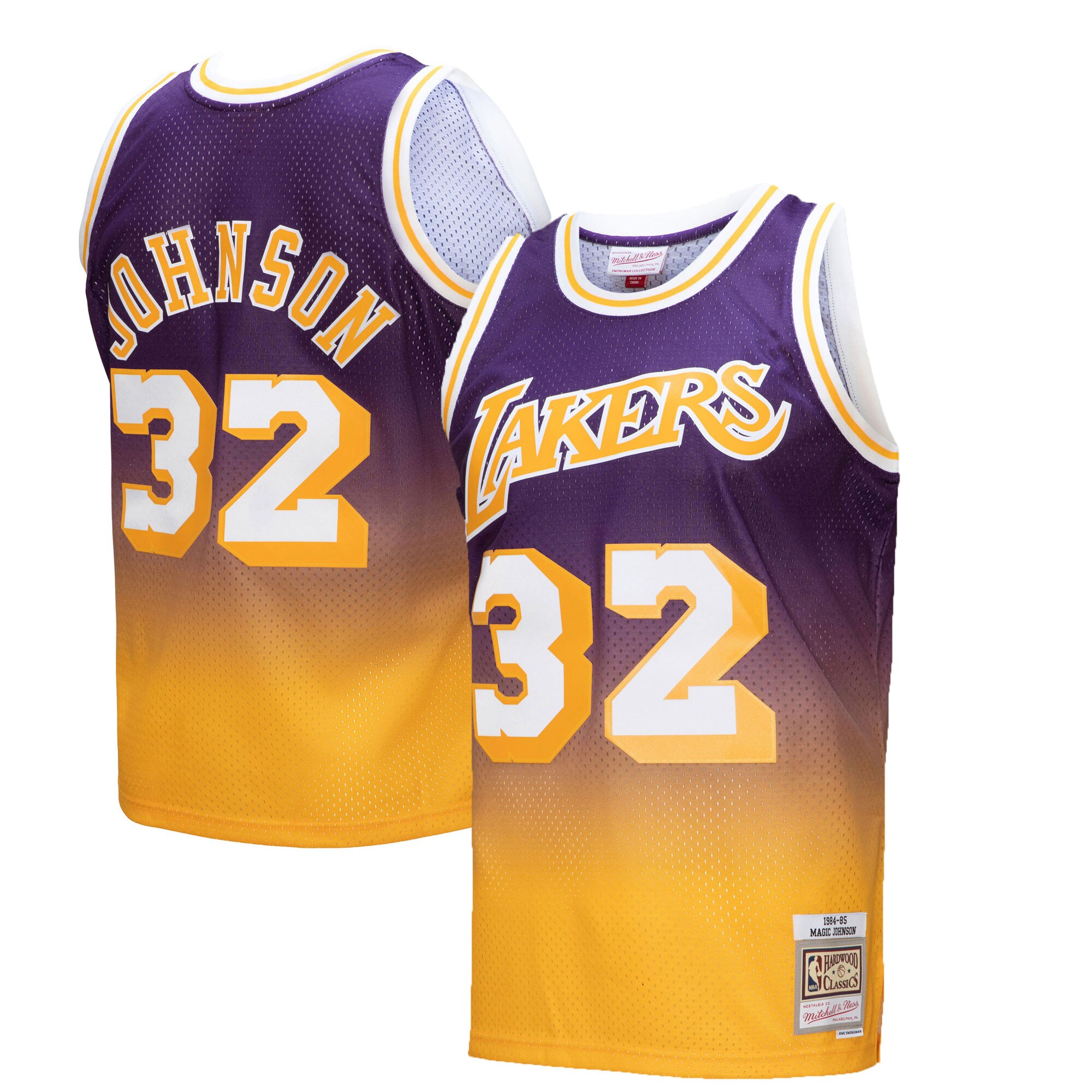 Magic Johnson Los Angeles Lakers Mitchell & Ness 1984/85 Hardwood Classics Fadeaway Swingman Player Jersey - Gold/Purple - vstockx