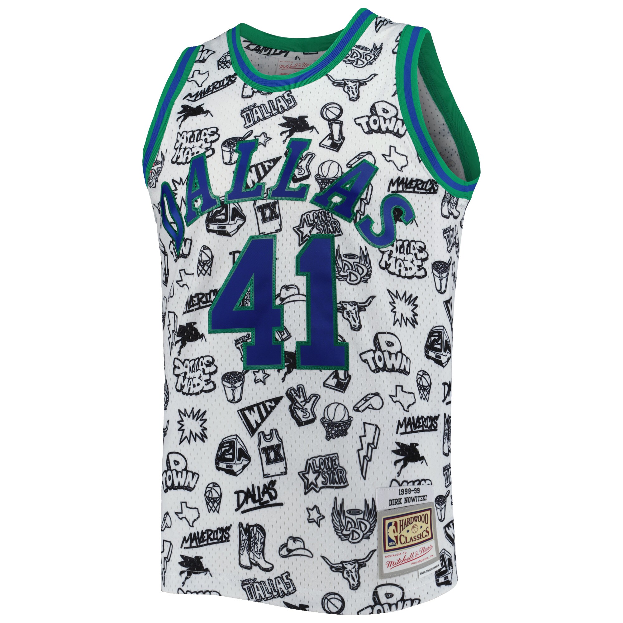 Dirk Nowitzki Dallas Mavericks Mitchell & Ness 1998/99 Hardwood Classics Doodle Swingman Jersey - White - vstockx