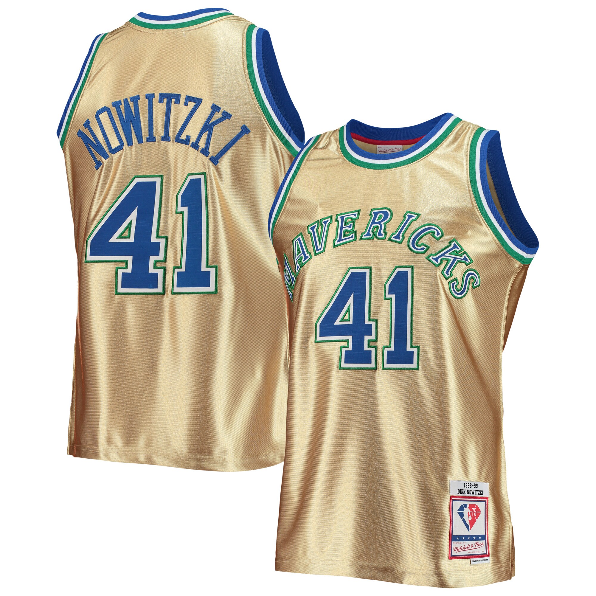 Dirk Nowitzki Dallas Mavericks Mitchell & Ness 75th Anniversary 1998/99 Hardwood Classics Swingman Jersey - Gold - vstockx