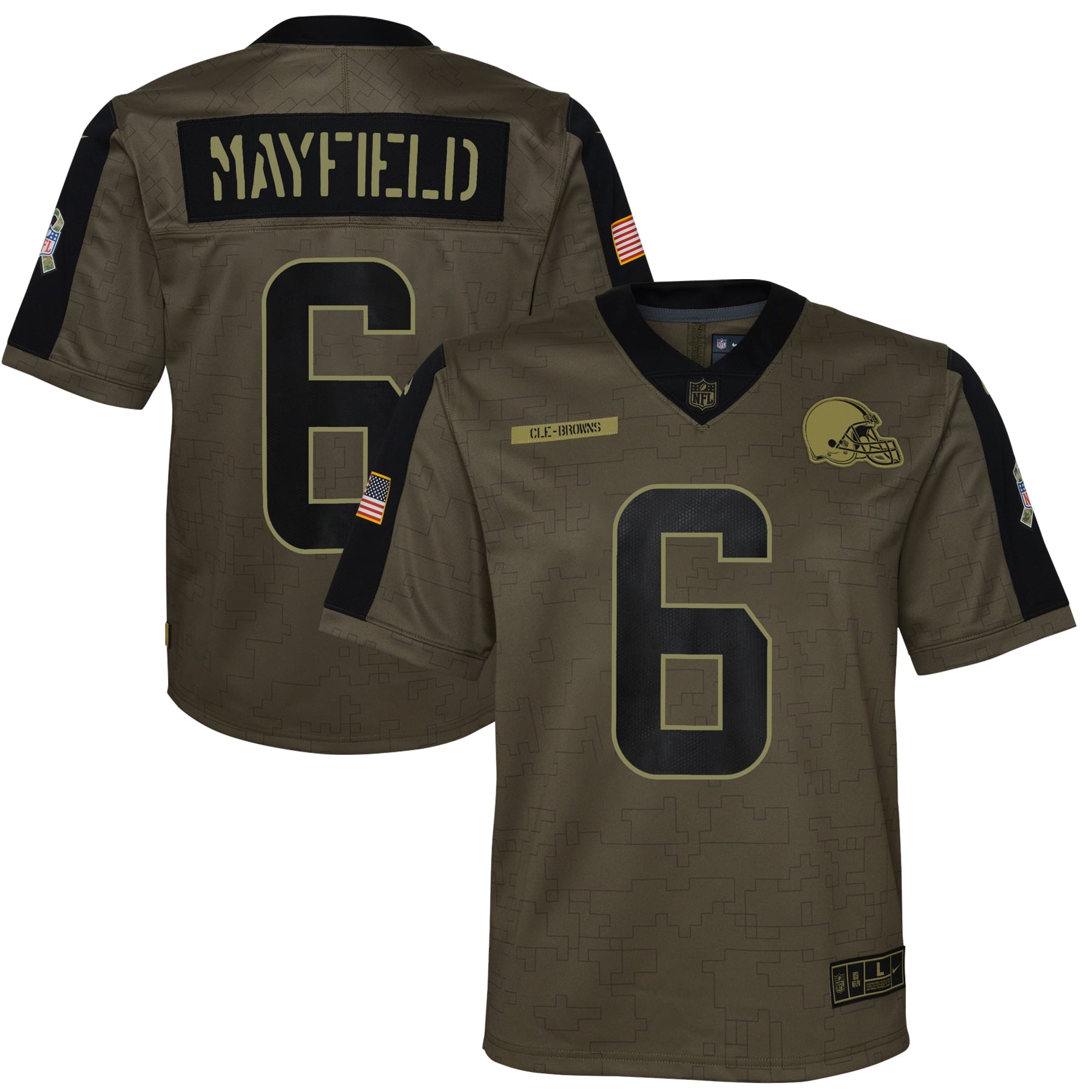 Youth Nike Baker Mayfield Olive Cleveland Browns 2021 Salute To Service Game Jersey - vstockx