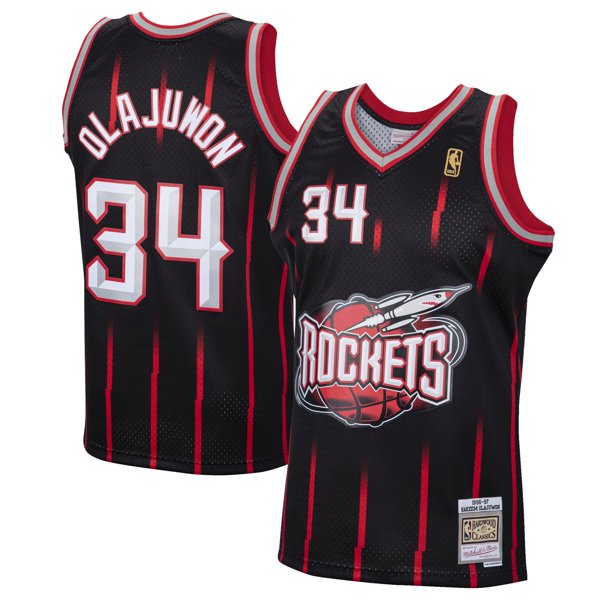 Men's Hakeem Olajuwon Houston Rockets Mitchell & Ness 1996-97 Hardwood Classics Reload Jersey Black - vstockx