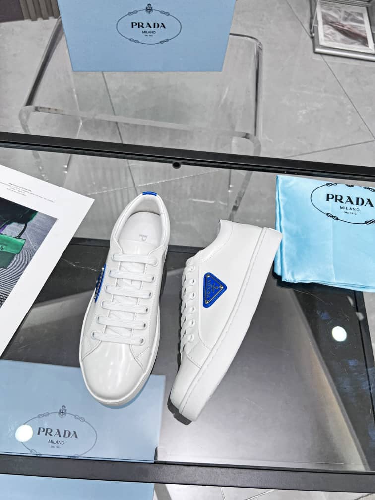 Prada Brushed Sneakers Leather White White Cobalt Blue - vstockx