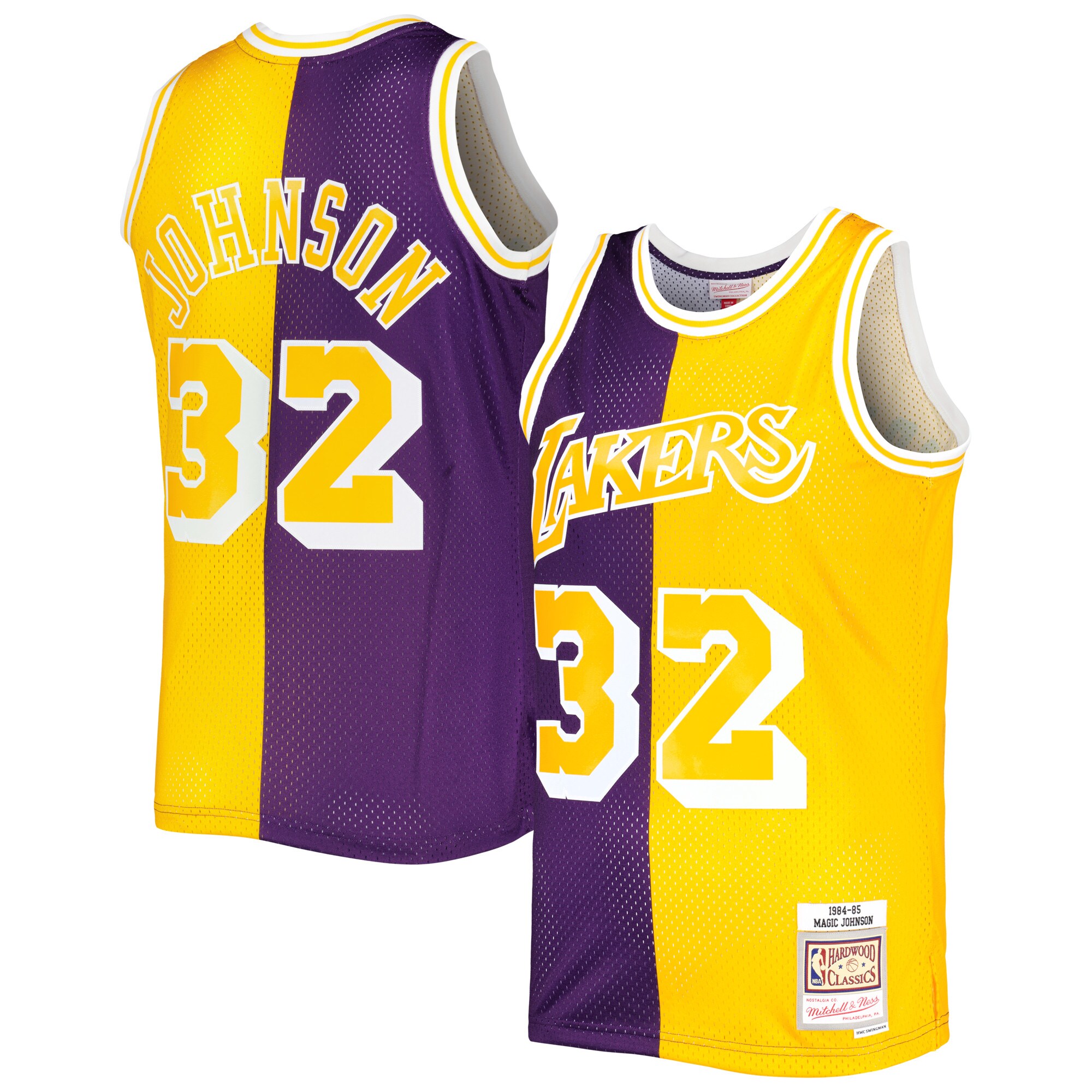 Magic Johnson Los Angeles Lakers Mitchell & Ness Hardwood Classics 1984/85 Split Swingman Jersey - Purple/Gold - vstockx