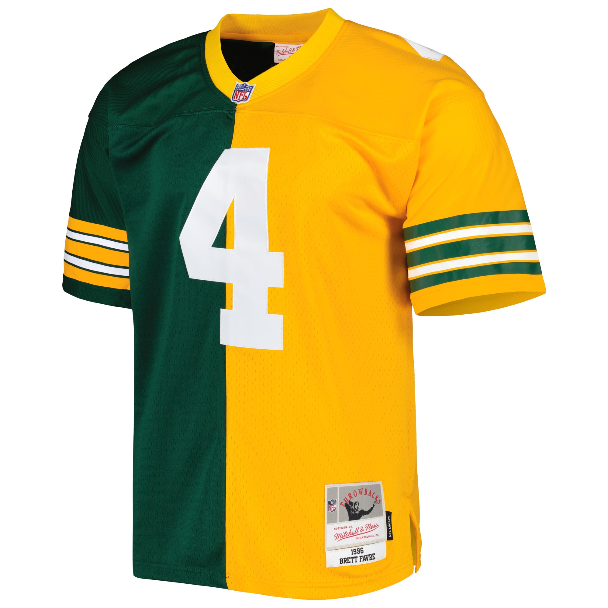 Brett Favre Green Bay Packers Mitchell & Ness 1996 Split Legacy Replica Jersey - Green/Gold - vstockx