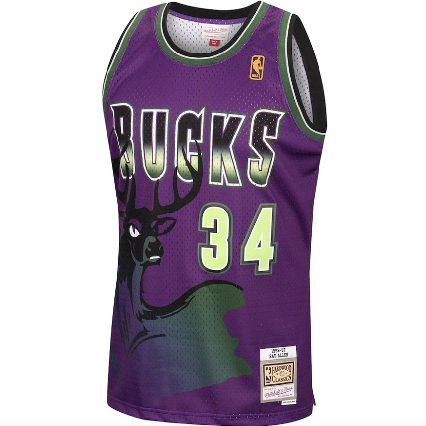 Men's Ray Allen Milwaukee Bucks Mitchell & Ness 1996-97 Hardwood Classics Reload Swingman Jersey - Purple - vstockx