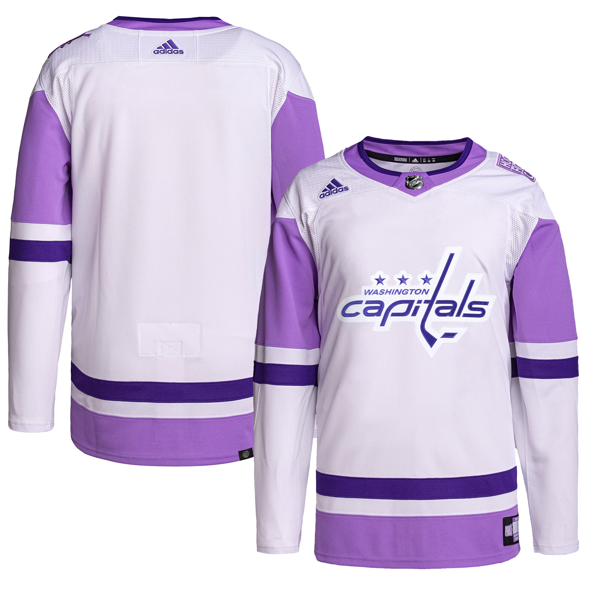 Washington Capitals adidas Hockey Fights Cancer Primegreen Authentic Blank Practice Jersey - White/Purple - vstockx